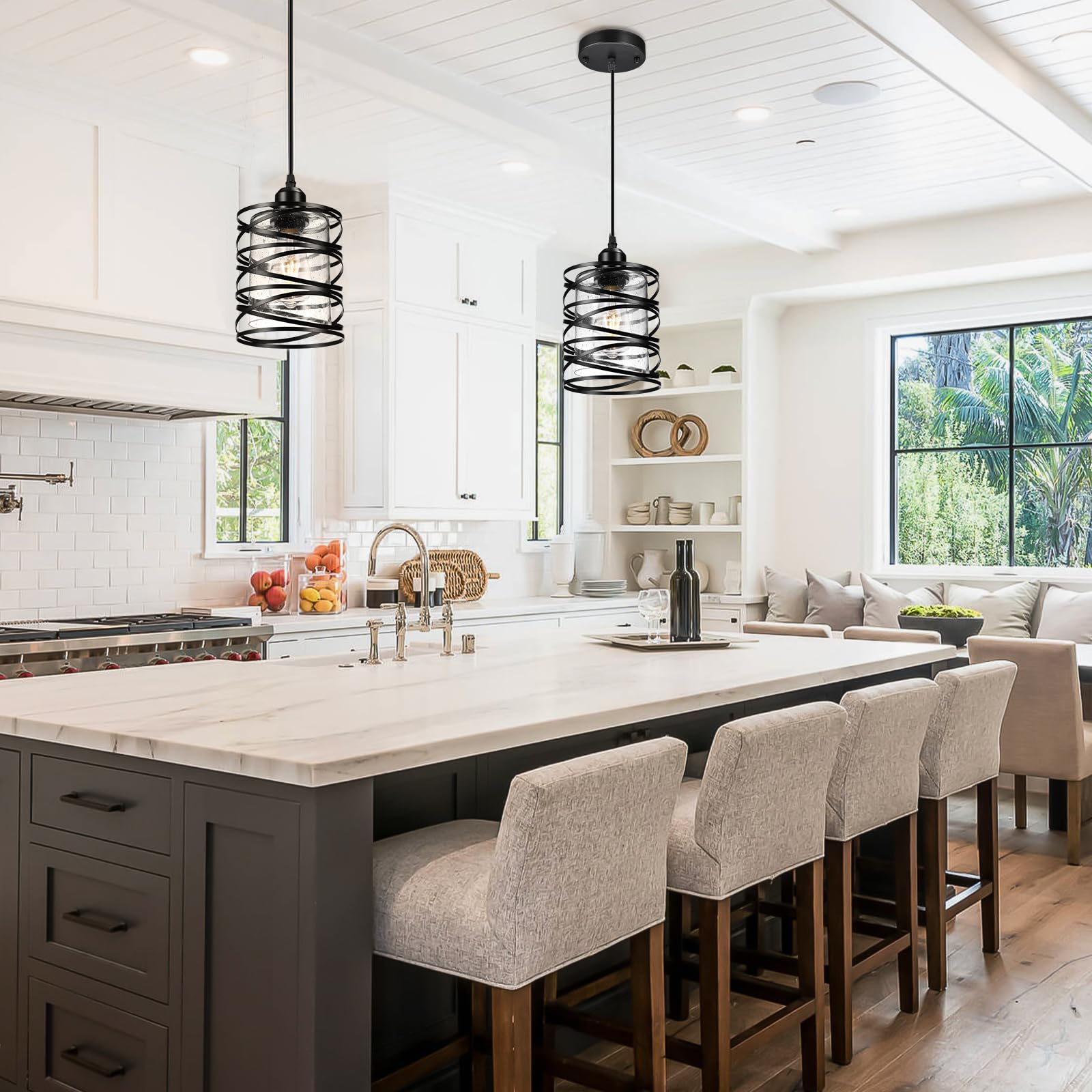 3 Pack Black Adjustable Industrial Pendant Lights for Kitchen Island - Modern Seeded Glass Shade Hanging Lighting Fixtures - Perfect for Kitchen, Dining Room, Bar & Restaurant Decor