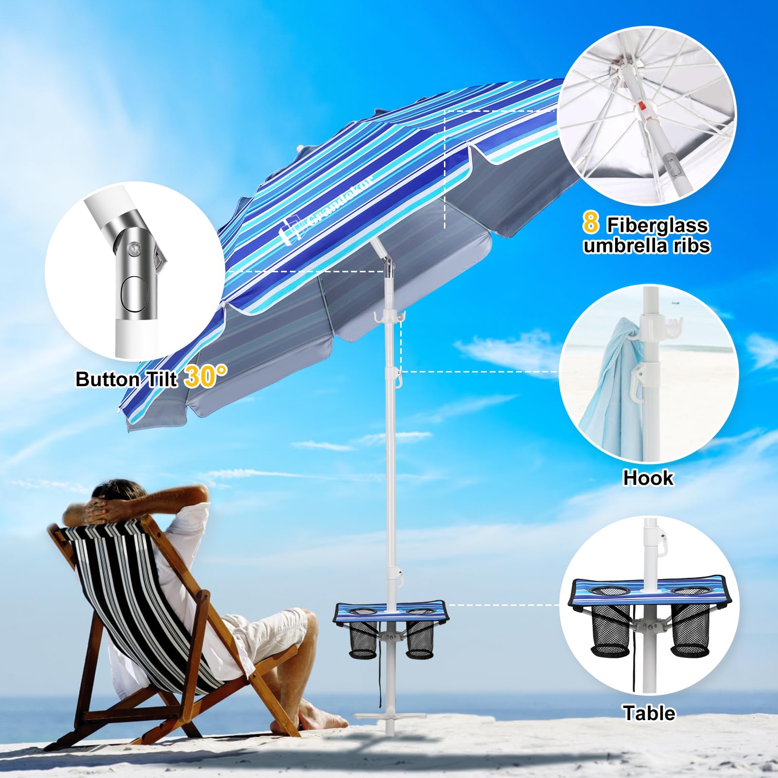 Grandekor 7FT Heavy Duty Windproof Beach Umbrella with Sand Anchor, Portable UV 50+ Sun Shade with Carry Bag & Side Table - Perfect for Beach Vacations, Poolside Relaxation, and Outdoor Picnics