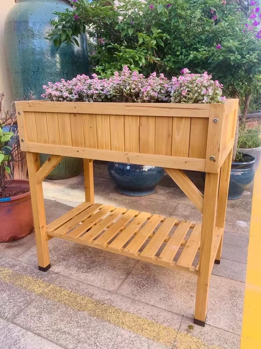 ASUMUI Carbonized Wood Flower Box - Outdoor Double-Layer Succulent Planter with Shelf for Balcony, Garden, Patio Decor (Yellow) - Perfect for Planting Succulents, Herbs & Small Flowers