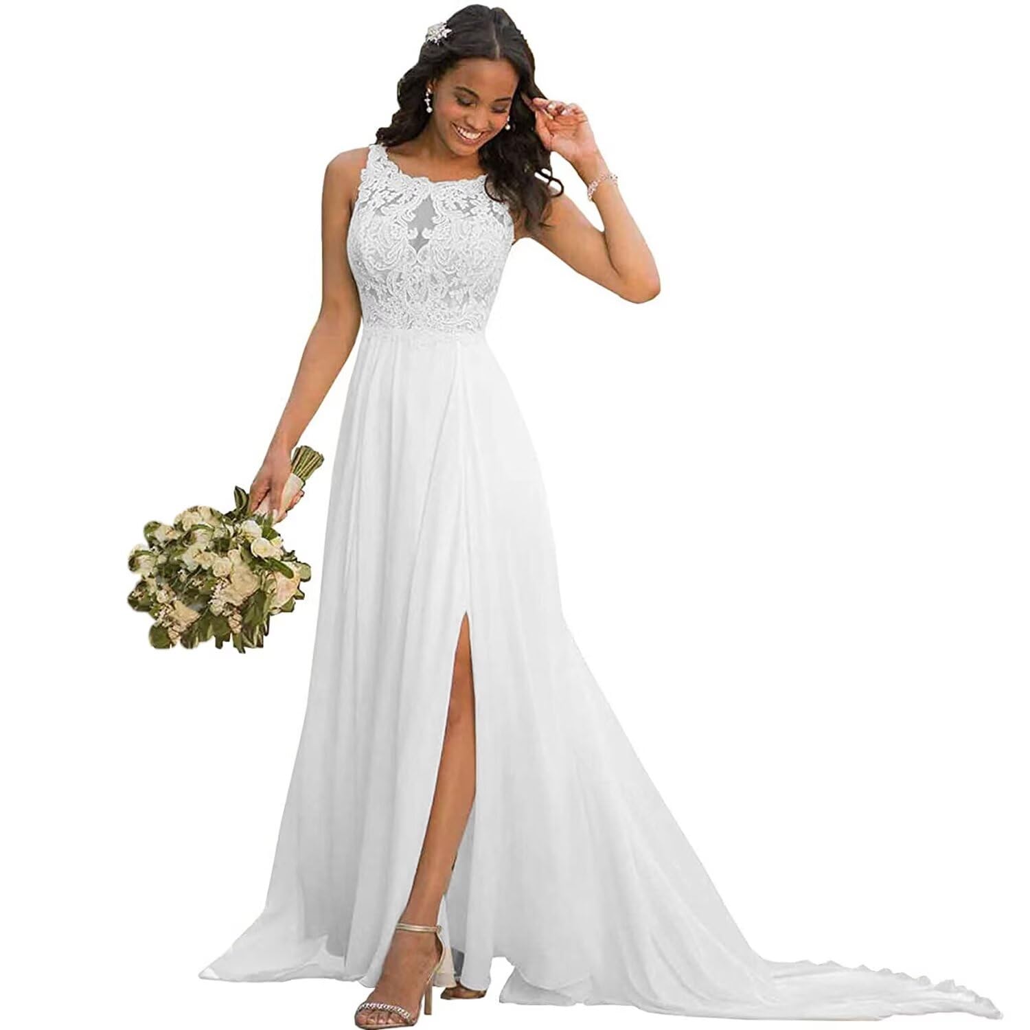 Elegant Chiffon Lace Wedding Dress for Bride - A-Line Beach Bridal Gown with Train & Side Slit | Perfect for Beach Weddings, Outdoor Ceremonies & Romantic Photoshoots