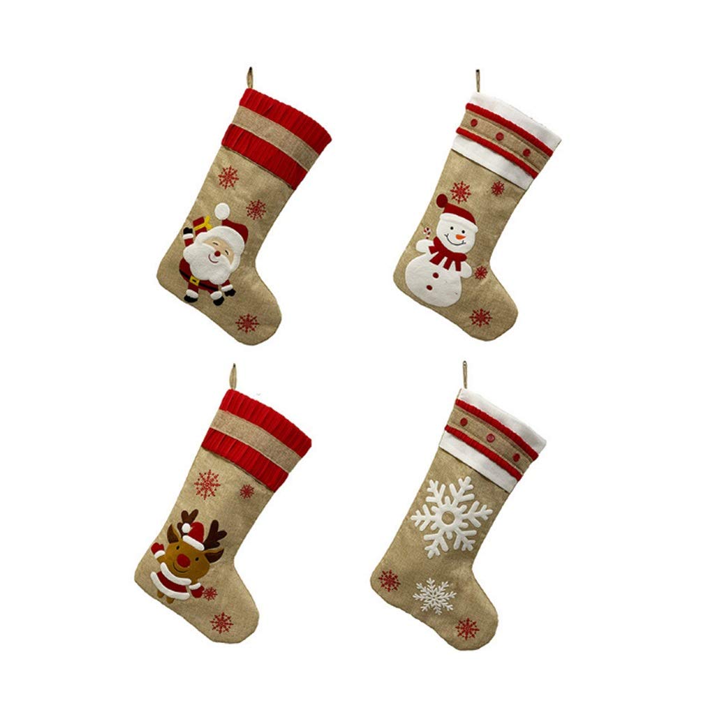 ZMDZA 4-Piece Christmas Stocking Set - Santa, Snowman, Reindeer & Tree Designs - Festive Flax Stockings with Gift Bags for Holiday Decorations | Perfect for Fireplace Mantel, Christmas Tree Decor & Gift Exchange