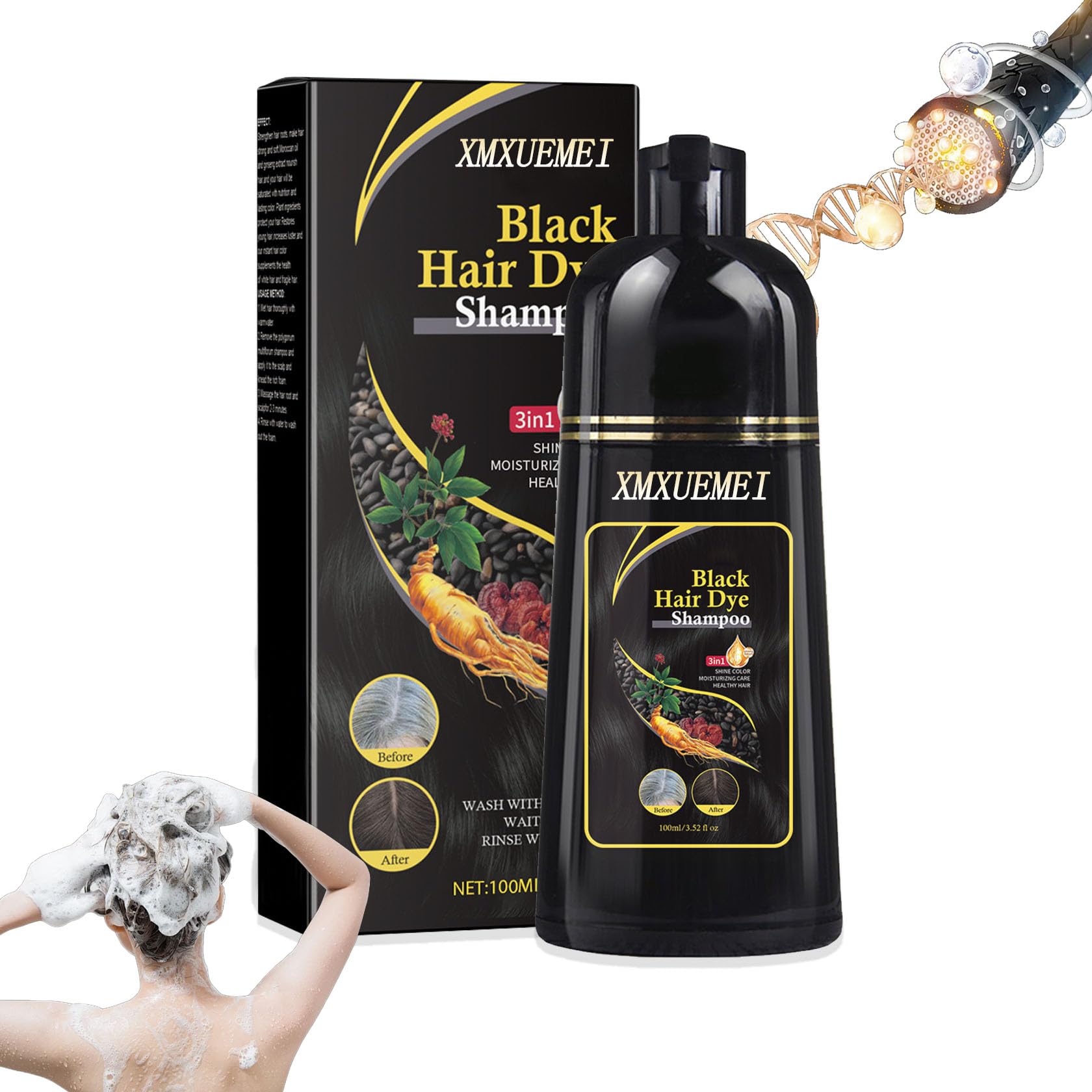 3-in-1 Black Hair Dye Shampoo for Women & Men - Permanent Hair Color for Gray Coverage with Moisturizing Formula | At-Home Hair Coloring Solution for Long-Lasting Results