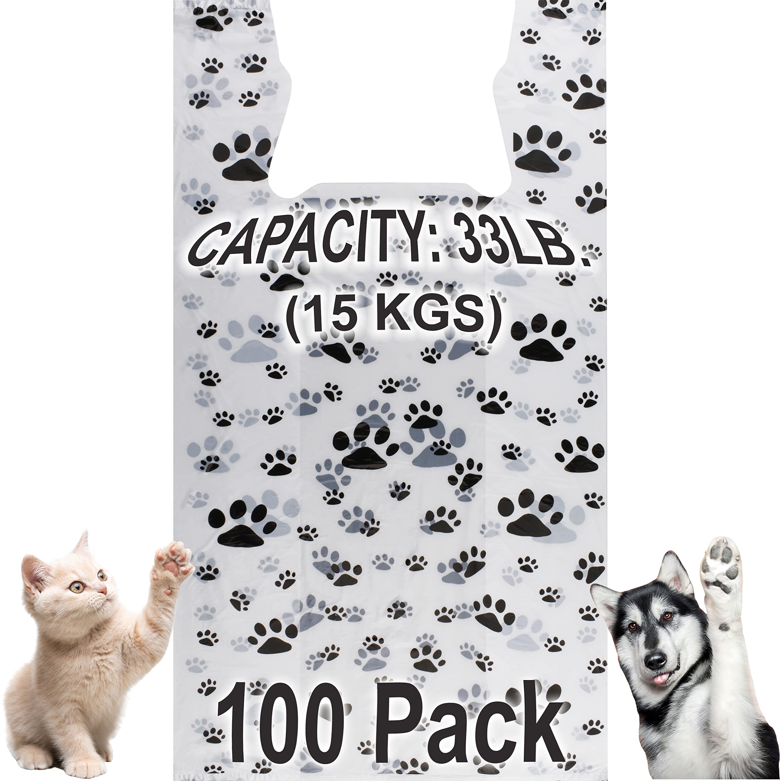 100 Pack Plastic T-Shirt Bags with Paw Print Design - 22