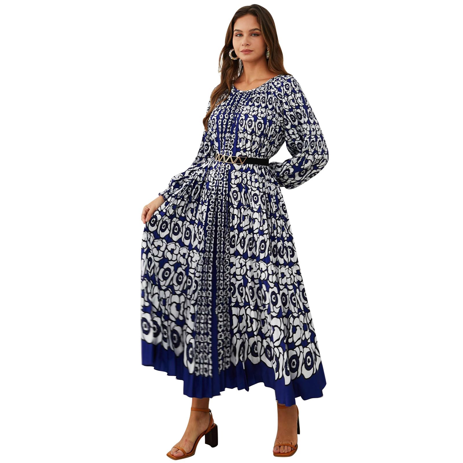 CHICWISH Women's Floral Print Long Sleeve Maxi Dress with Belt - Navy Blue Pleated Summer Dress for Casual Wear, Beach Vacation, and Date Night Outfits