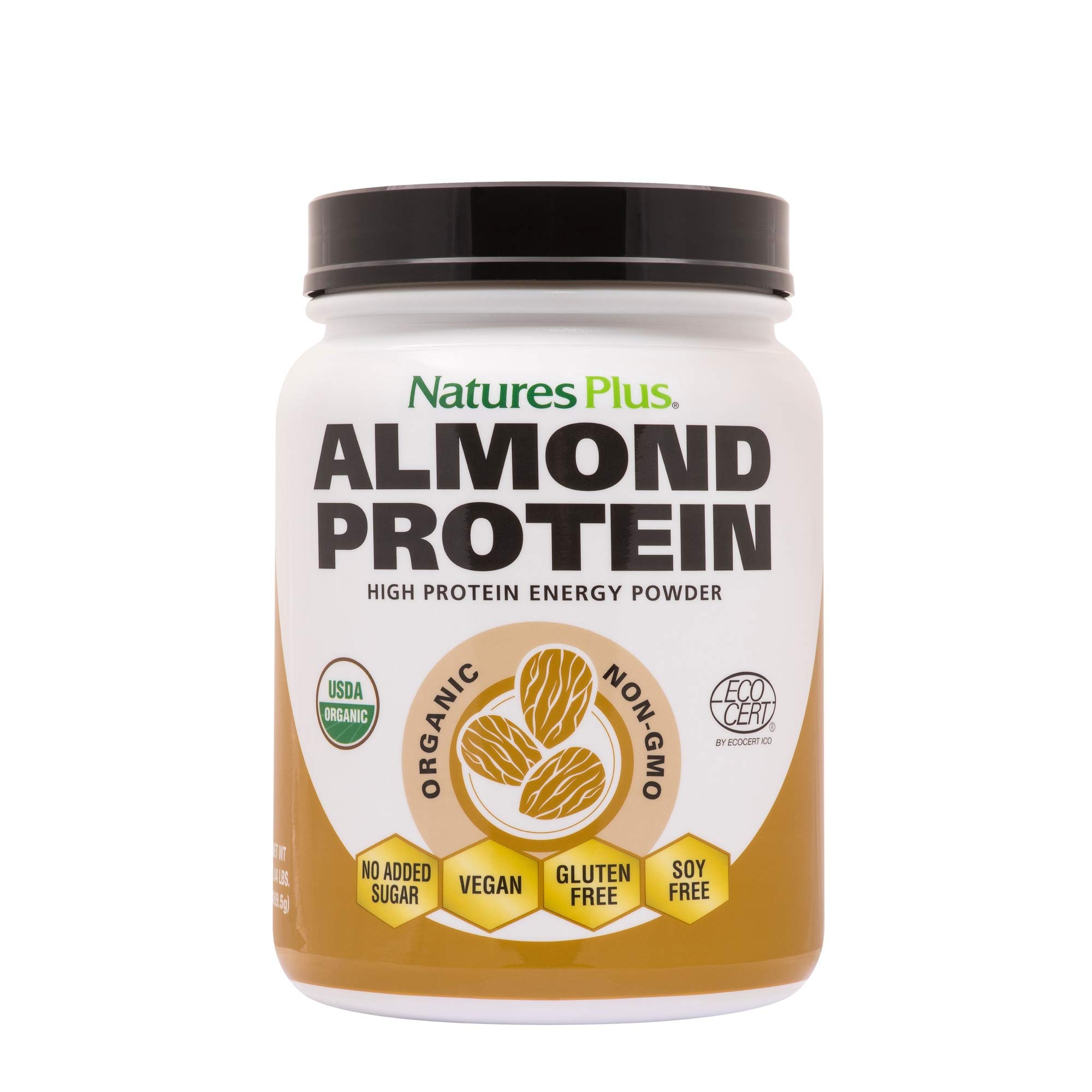 Organic Almond Protein Powder by Natures Plus - 1.04 lbs Unflavored, USDA Certified, Non-GMO, Vegan, No Added Sugar - Supports Muscle Recovery, Vegetarian & Gluten-Free (15 Servings) - Perfect for Post-Workout Shakes, Smoothies & Baking