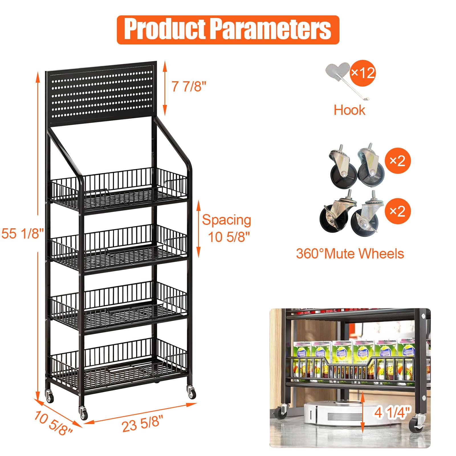 4 Tier Supermarket Snack Rack Display Stand - Free-Standing Black Metal Retail Shelves with 12 Hooks & 4 Wheels - Large Commercial Snack Shelf for Convenience Stores, Grocery Shops & Supermarkets - Perfect for Candy, Chips & Snack Organization
