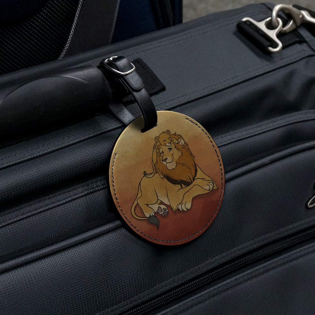 Dad Lion and Cub Round Leather Luggage Tag - Personalized Carry-On ID Tag for Suitcases & Travel Bags | Perfect for Family Trips, Business Travel & Vacation Identification