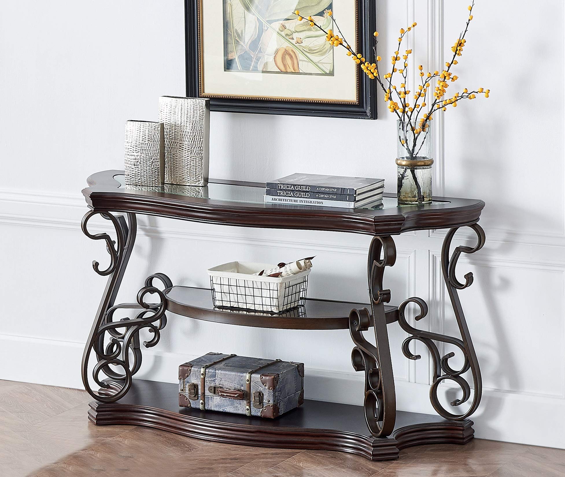Danxee Traditional Console Table with Glass Top, Storage Shelf & Metal Legs - Entryway Hallway Sofa Table for Living Room, Bedroom, or Office Decor