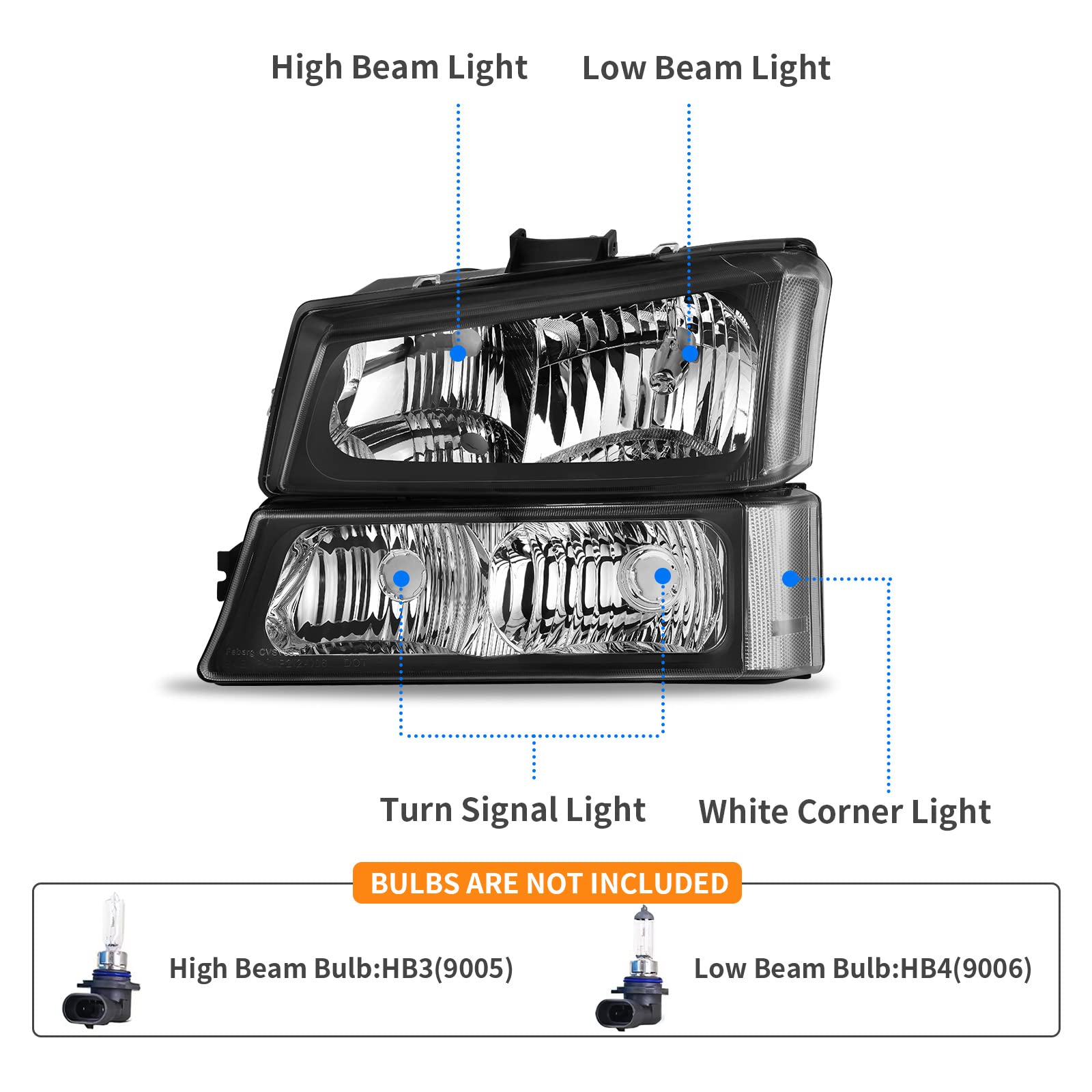 DWVO Headlights and Tail Lights Assembly for 2003-2006 Chevy Silverado 1500/2500HD/3500 - Black Housing Headlights & Clear Taillights Combo - Replacement for 03-04 Silverado 2500, 04-06 Silverado 3500 - Perfect for Off-Roading, Night Driving, and Vehicle Upgrades