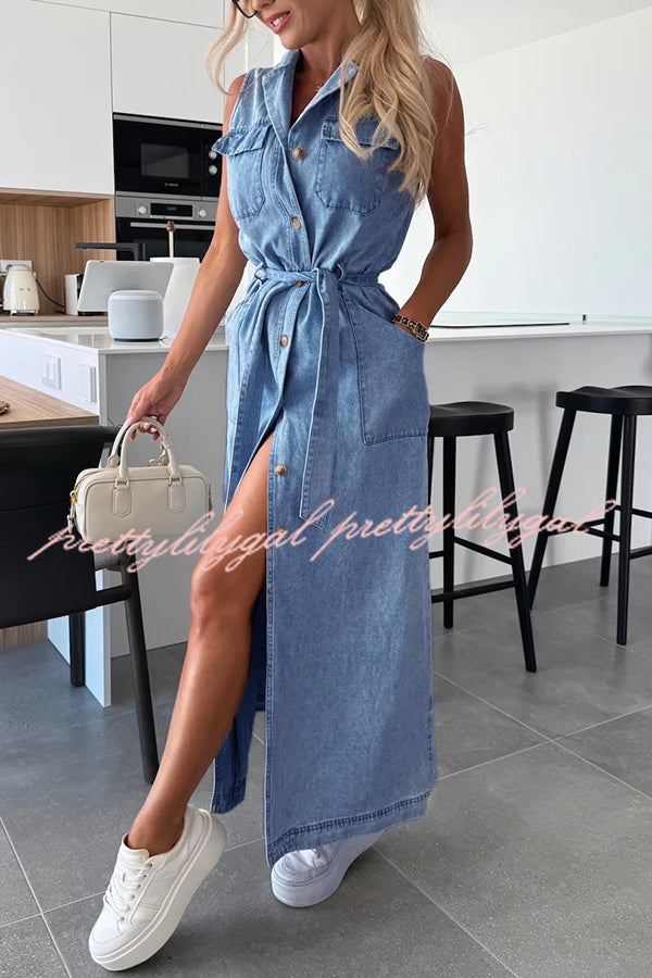 Solid Color Sleeveless Denim Midi Dress with Waist Tie & Pockets - Casual Summer Dress for Women, Perfect for Beach Outings, Picnics, and Weekend Brunch