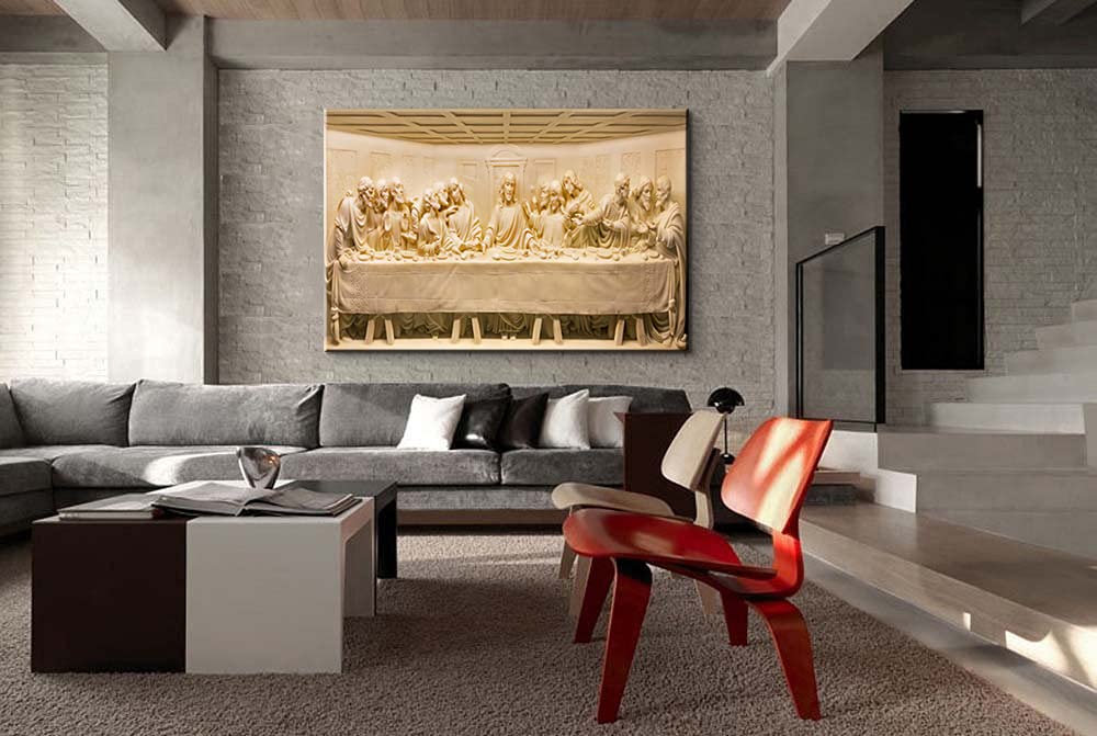 Modern Jesus Painting - The Last Supper Carved Stone Canvas Wall Art - Christian Religious Decor Framed Ready to Hang - Perfect for Dining Room, Church & Home Decor (28x40 Inches)