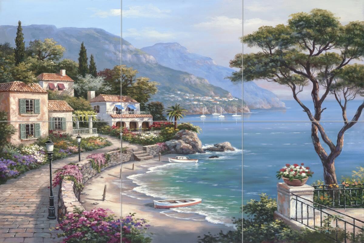 Ceramic Backsplash Tile Mural - Water View Landscape Design for Kitchen, Bathroom & Shower - Escape Collection by Sung Kim - Perfect for Coastal, Spa & Nature-Inspired Home Decor