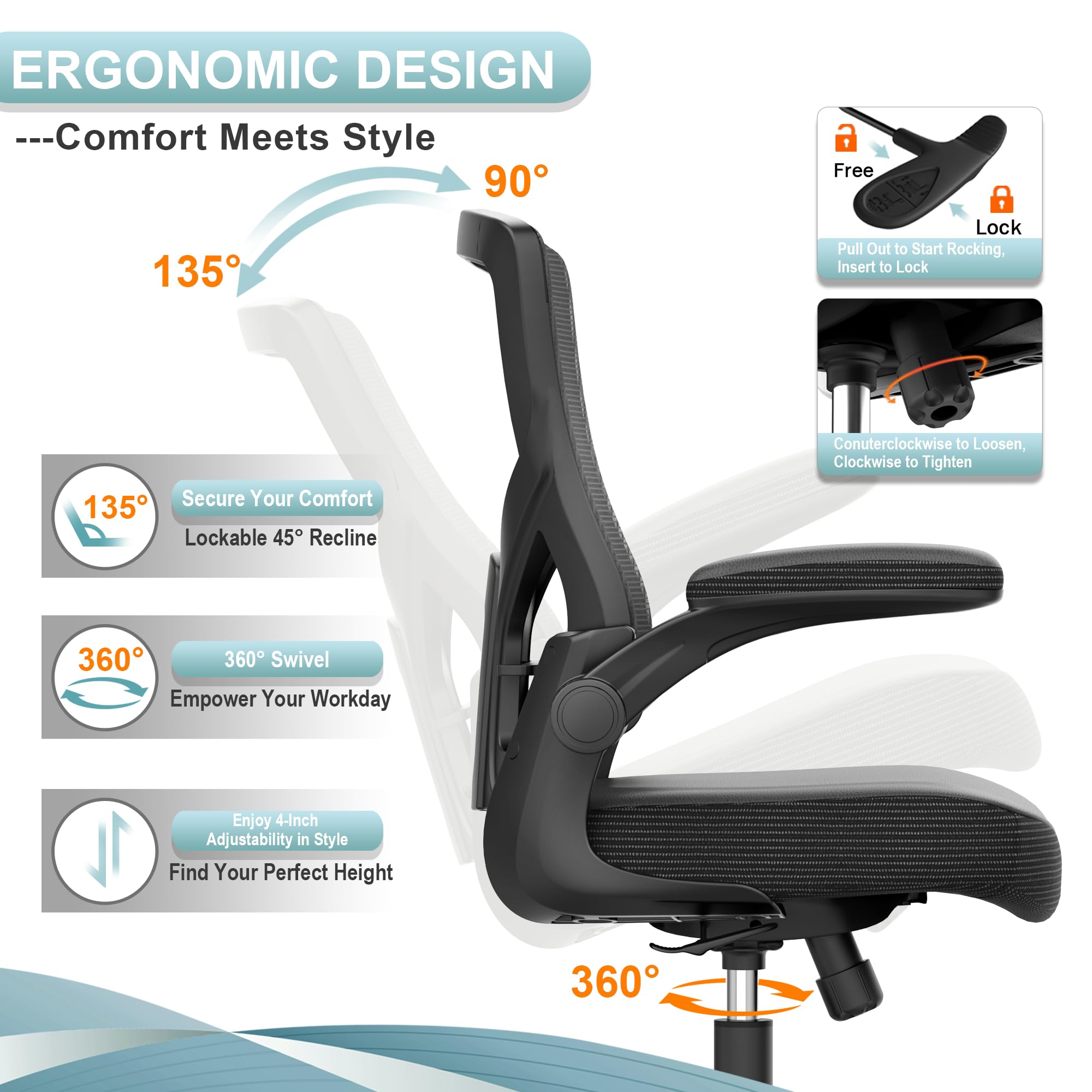 Ergonomic Office Chair with Adjustable Height, High Back & Lumbar Support - Home & Executive Desk Chair with Flip-Up Armrests & Swivel Base - Perfect for Long Work Hours, Gaming & Remote Work Setup