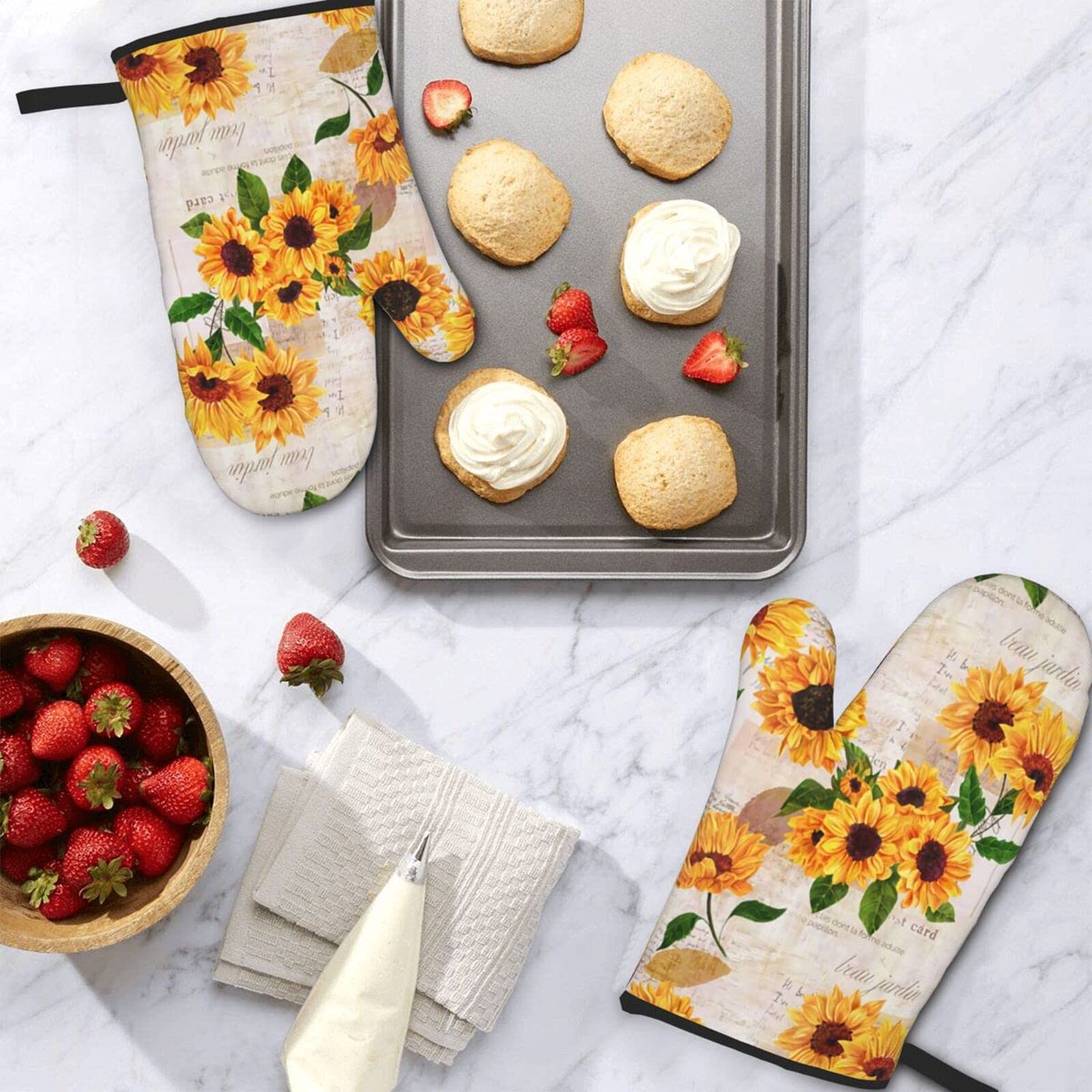 Vintage Yellow Sunflower Oven Mitts - Heat Resistant, Non-Slip & Waterproof Kitchen Gloves with Soft Cotton Lining for Cooking, Baking, BBQ - Perfect for Grilling, Baking Cookies, and Handling Hot Pots (2-Pack)