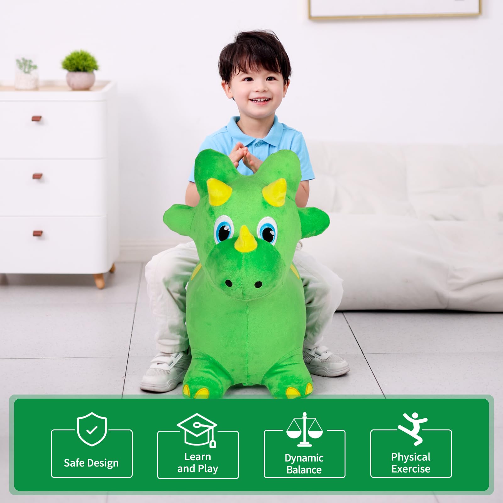 Inflatable Triceratops Bouncy Horse - Dinosaur Hopper Ride-On Toy for Toddlers 2-4 Years | Plush Bouncing Animal for Indoor & Outdoor Play | Perfect for Birthday Parties, Backyard Fun & Active Playtime