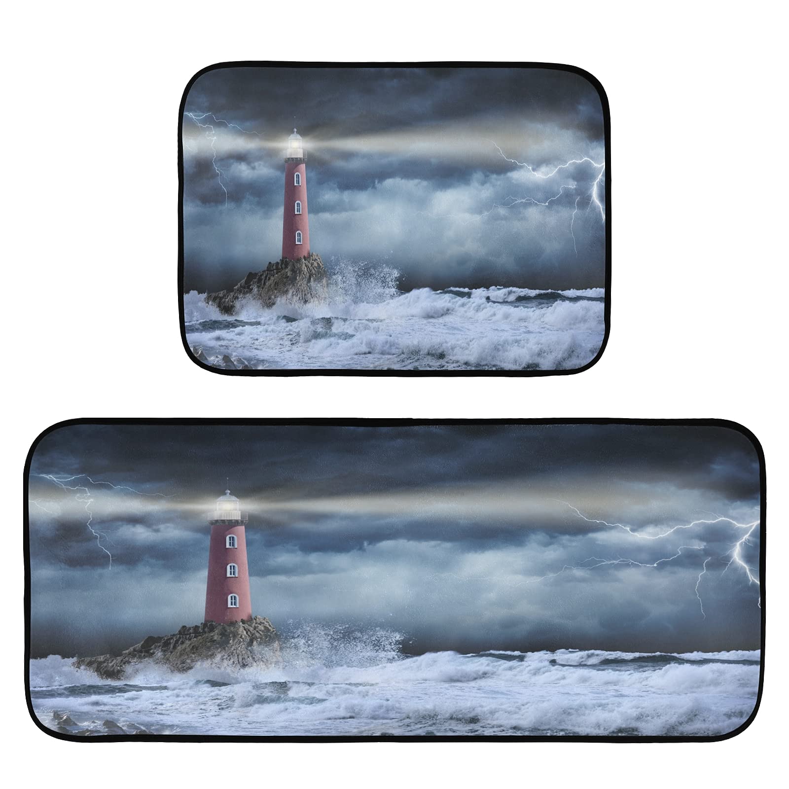 Stormy Landscape Lighthouse Non-Slip Kitchen Rugs Set - 2 Piece Absorbent Microfiber Bath Mats & Doormat Runner - 19.7