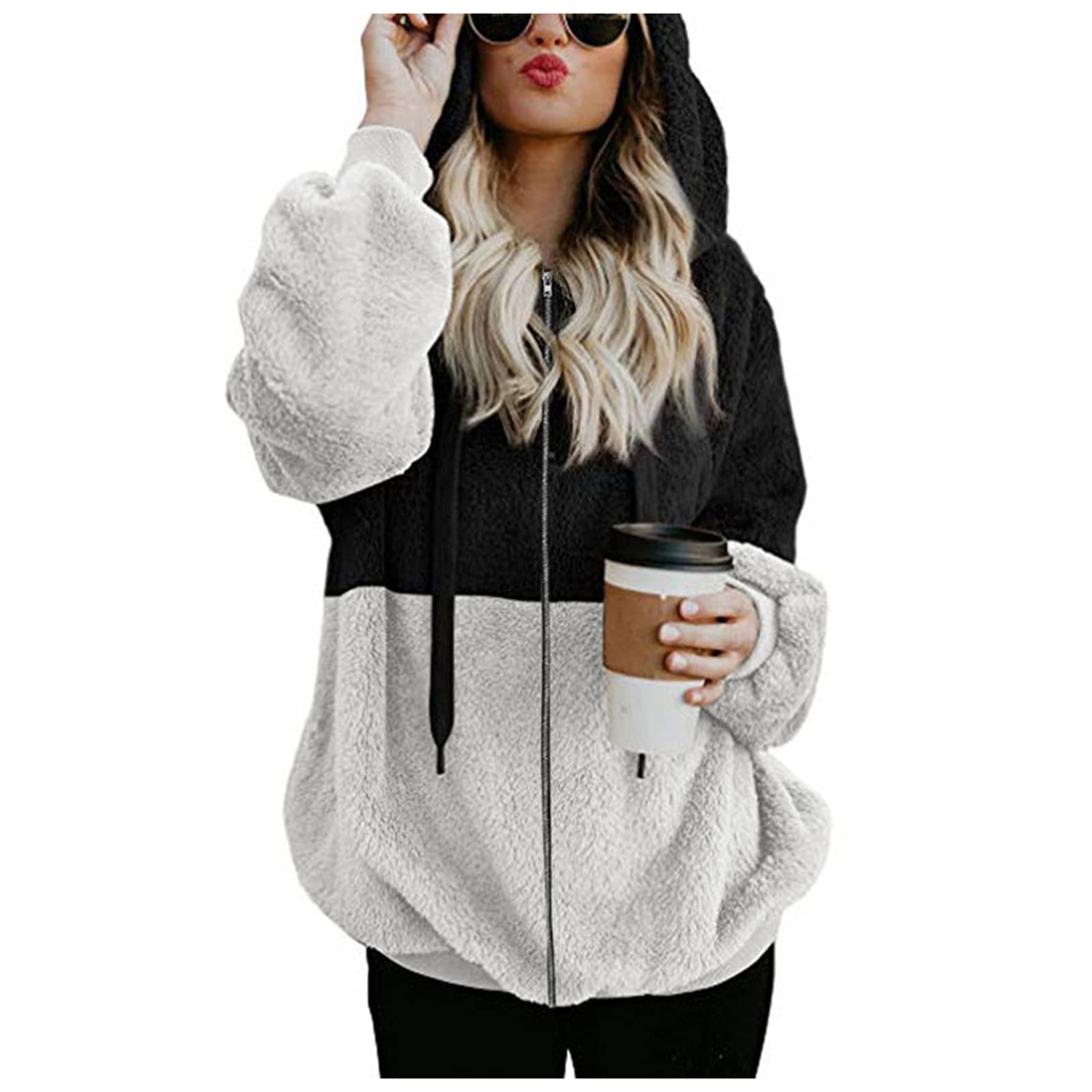 KUAILEYA Women's Winter Fleece Hooded Zip-Up Cardigan Jacket - Warm Cozy Sweatshirt with Pockets & Splicing Design for Casual Outwear | Perfect for Cold Weather, Outdoor Activities & Daily Commute