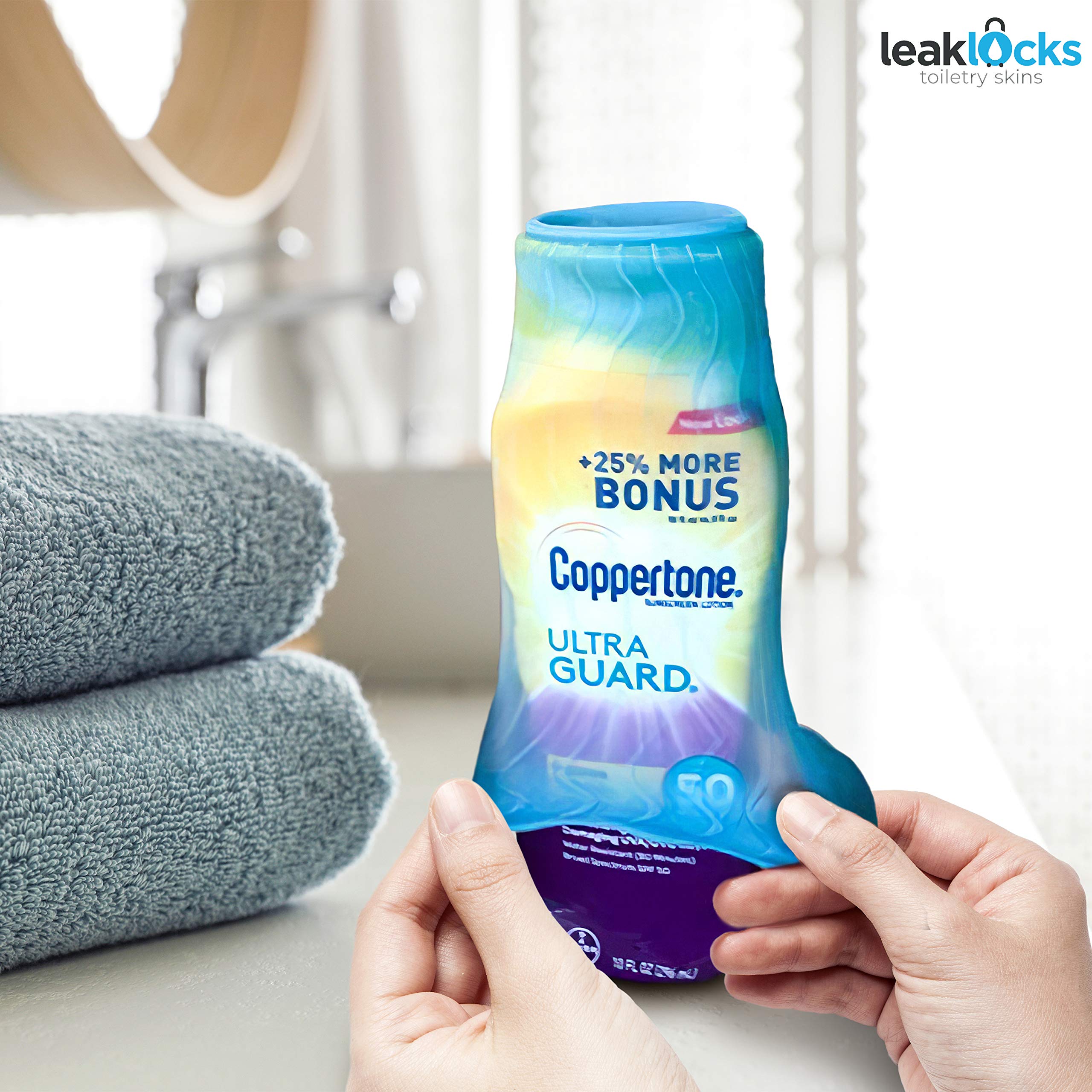 LeakLocks® Toiletry Skins™ Elastic Sleeve - Leak Proof Travel Container Cover for Standard & Travel Size Toiletries | Reusable Luggage Accessory for Suitcase, Carry-on & Travel Bags | Perfect for Airplane Trips, Camping & Business Travel
