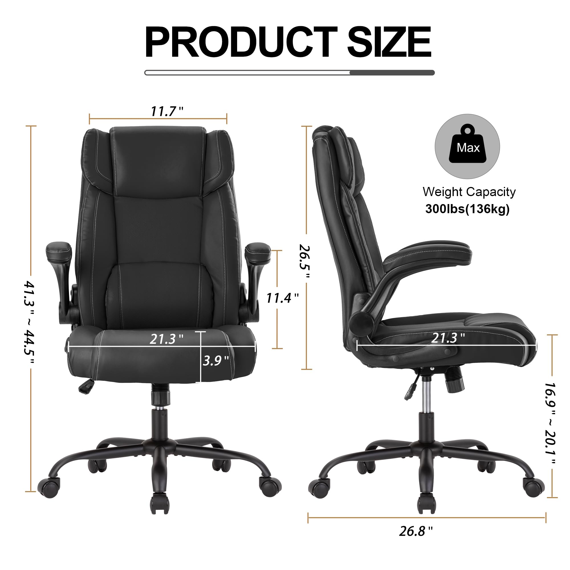 Ergonomic Mid Back Executive Leather Office Chair - Adjustable Flip-Up Arms & Rocking Function - Comfortable Computer Desk Chair for Home & Office Workspace (Black) - Perfect for Long Hours of Work, Gaming, and Video Conferencing