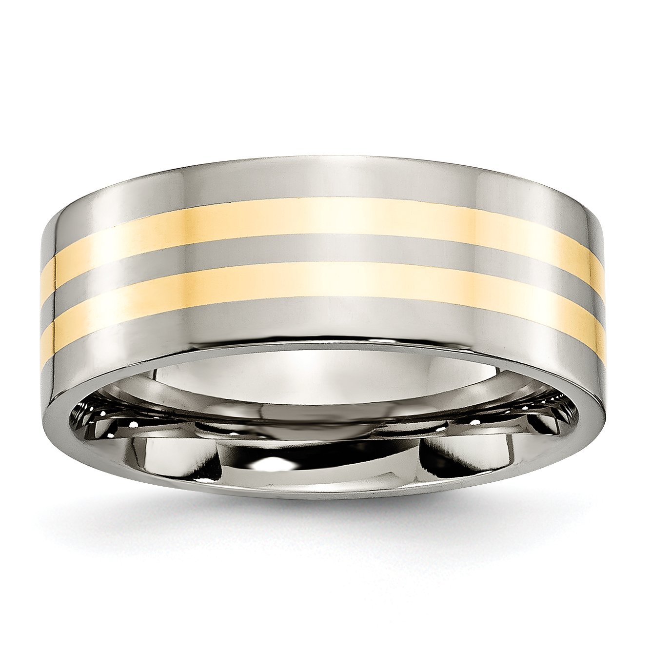 8mm Polished Titanium Men's Wedding Band Ring with 14k Yellow Gold Inlay - Flat Edge Design for Comfort Fit & Everyday Wear