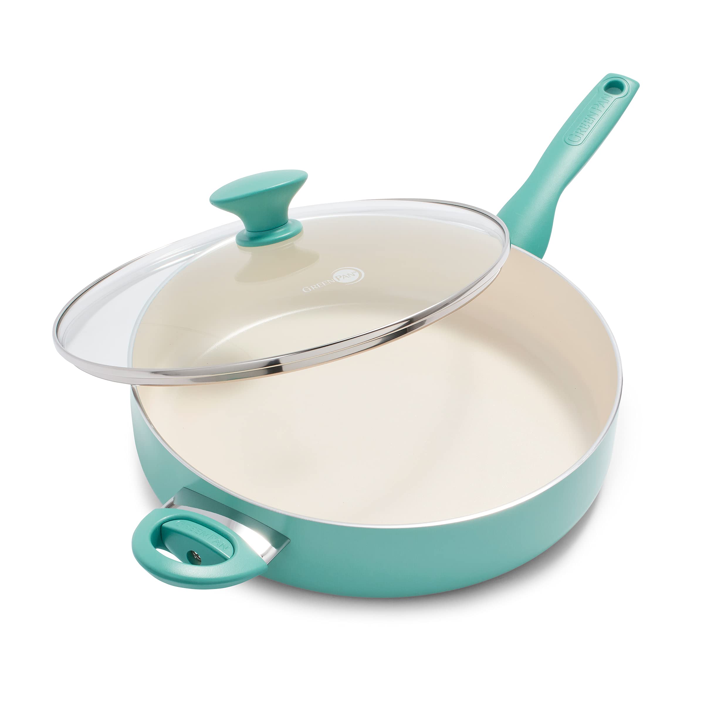 GreenPan Rio Healthy Ceramic Nonstick 5QT Saute Pan with Helper Handle & Glass Lid - PFAS-Free, Dishwasher Safe, Turquoise - Perfect for Sauteing, Frying & Simmering Family Meals
