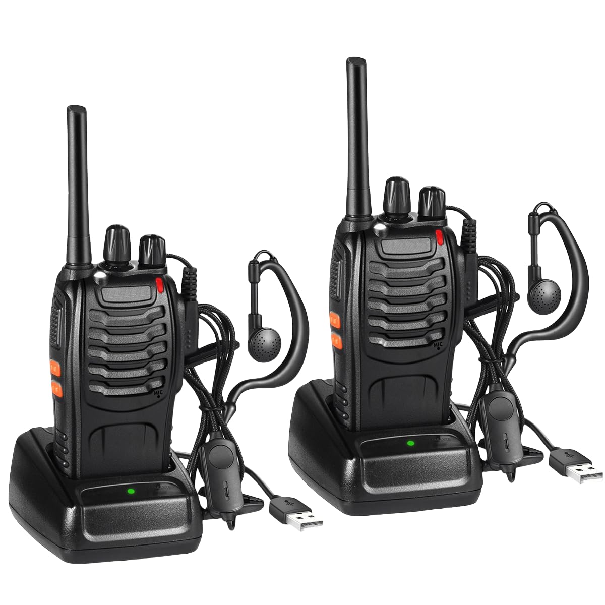 Professional BF-88E Long Range Walkie Talkie - 16 Channel PMR446 Rechargeable Two-Way Radio with Original Headset & USB Charging Station (Black, 1 Pair) - Ideal for Outdoor Adventures, Construction Sites, and Event Coordination
