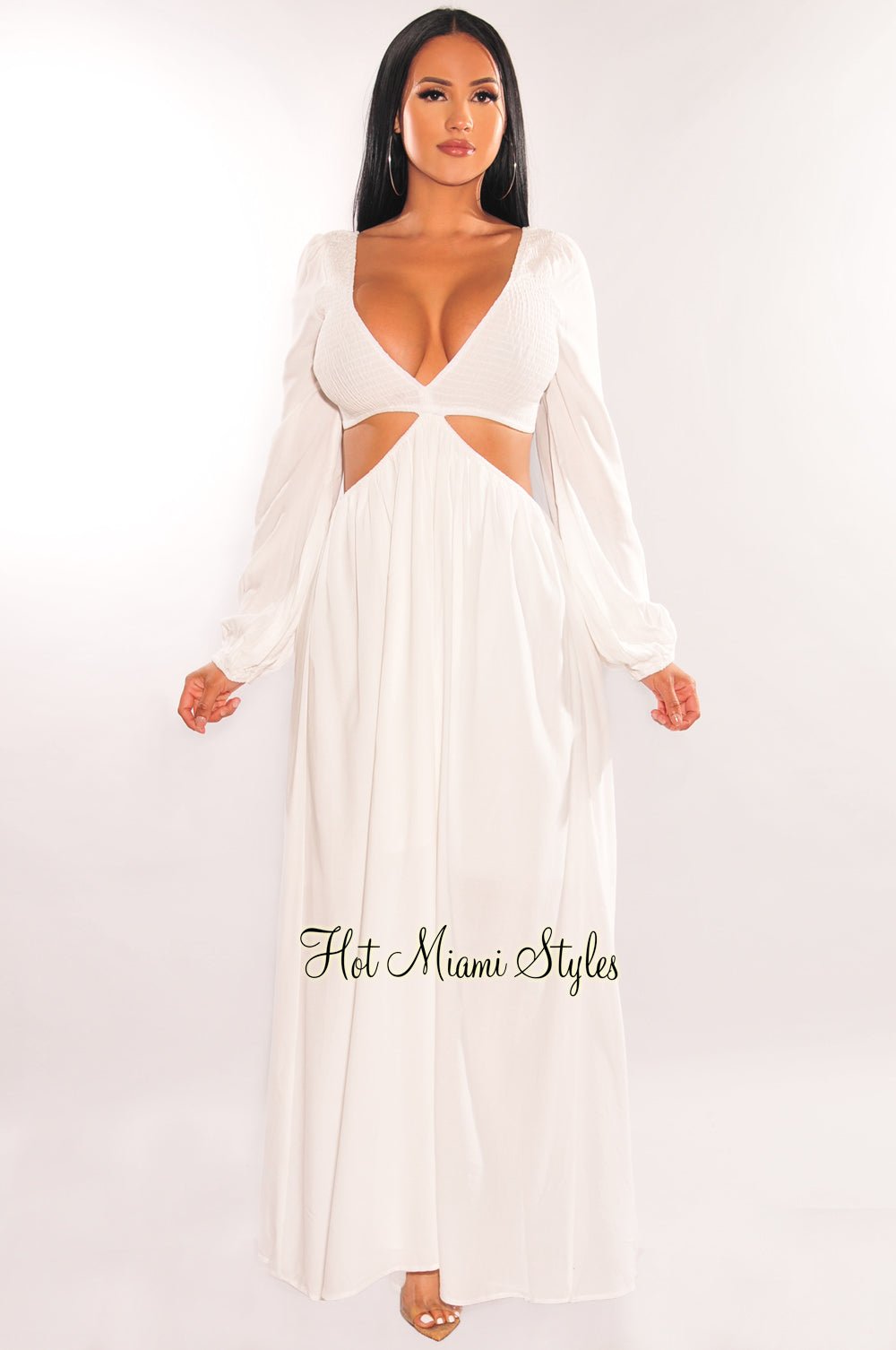 Elegant White V-Neck Smocked Cut-Out Long Sleeve Maxi Dress for Women | Summer Beach Wedding Party Evening Gown | Perfect for Date Night, Vacation & Special Occasions