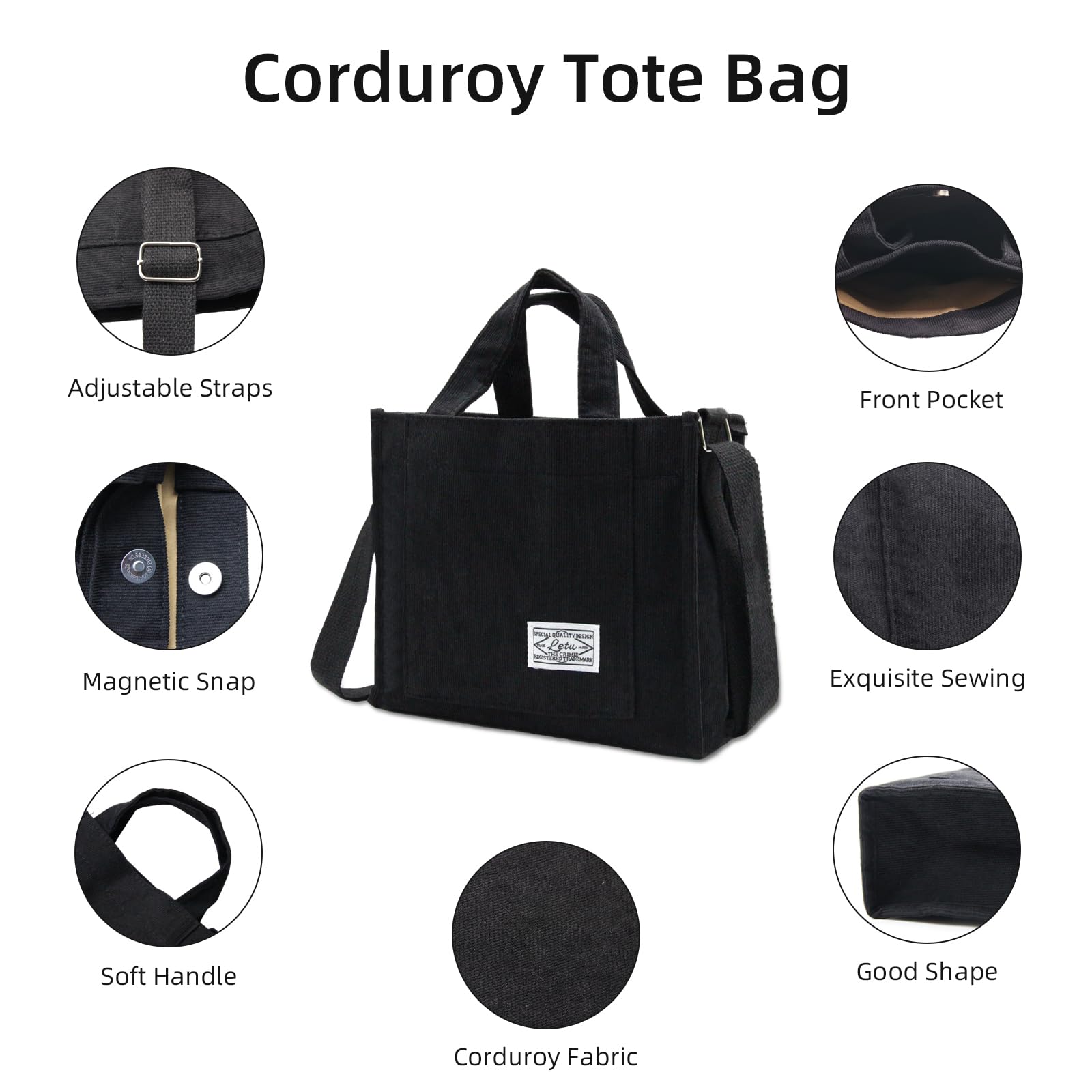 Women's Corduroy Tote Bag - Adjustable Crossbody Shoulder Bag for Women, Small Travel Handbag Purse for School, Work, Shopping & Daily Use