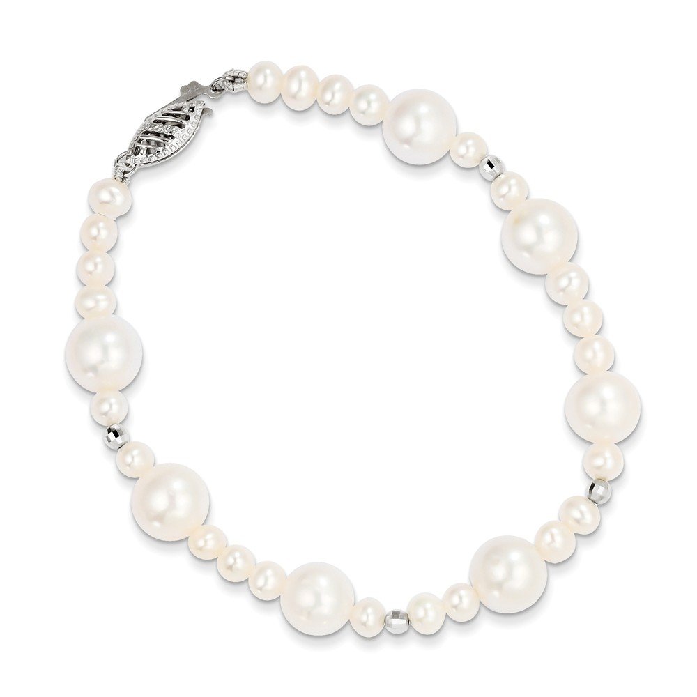 14K White Gold Freshwater Cultured Pearl Bracelet - 5-9mm Near Round White Pearls, 7.5