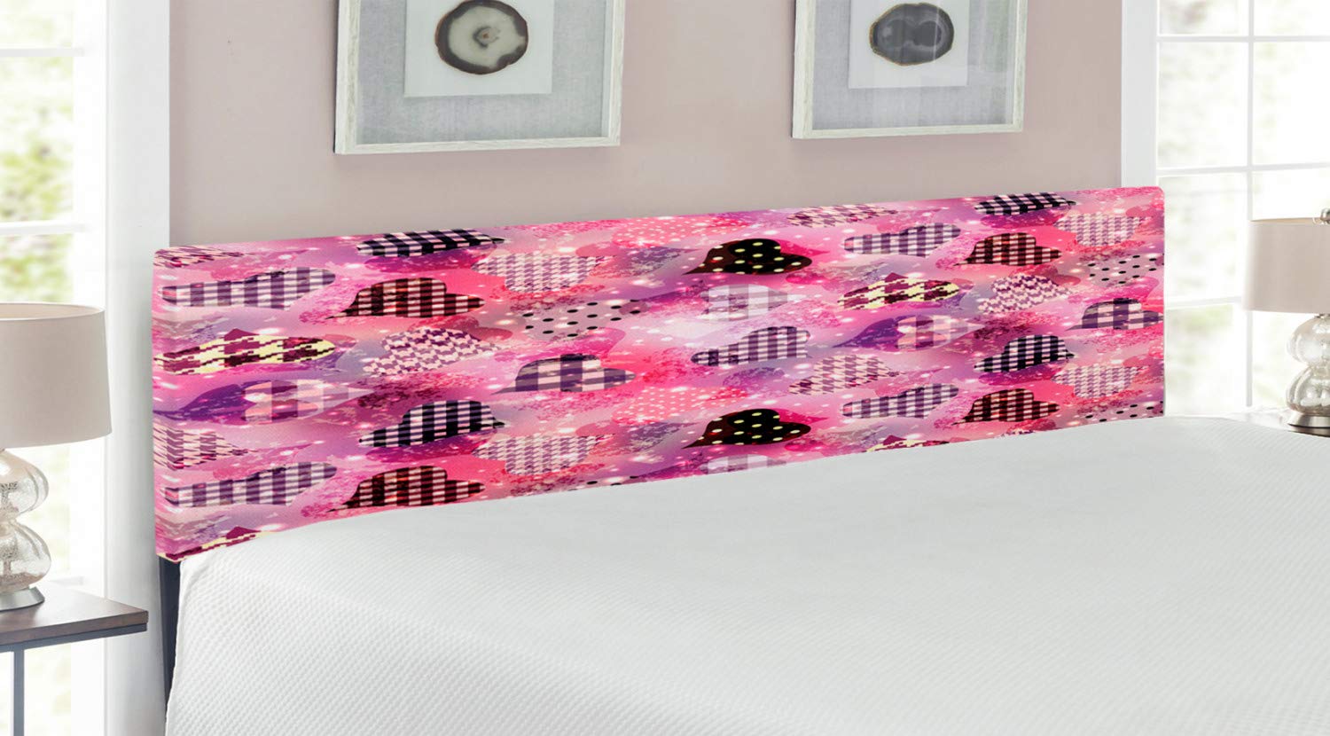 Lunarable Magenta Upholstered Headboard - King Size Decorative Metal Bed Frame with Memory Foam, Houndstooth Heart Design for Feminine Teen Girls Bedroom | Perfect for Master Bedroom, Dorm Decor & Cozy Reading Nook