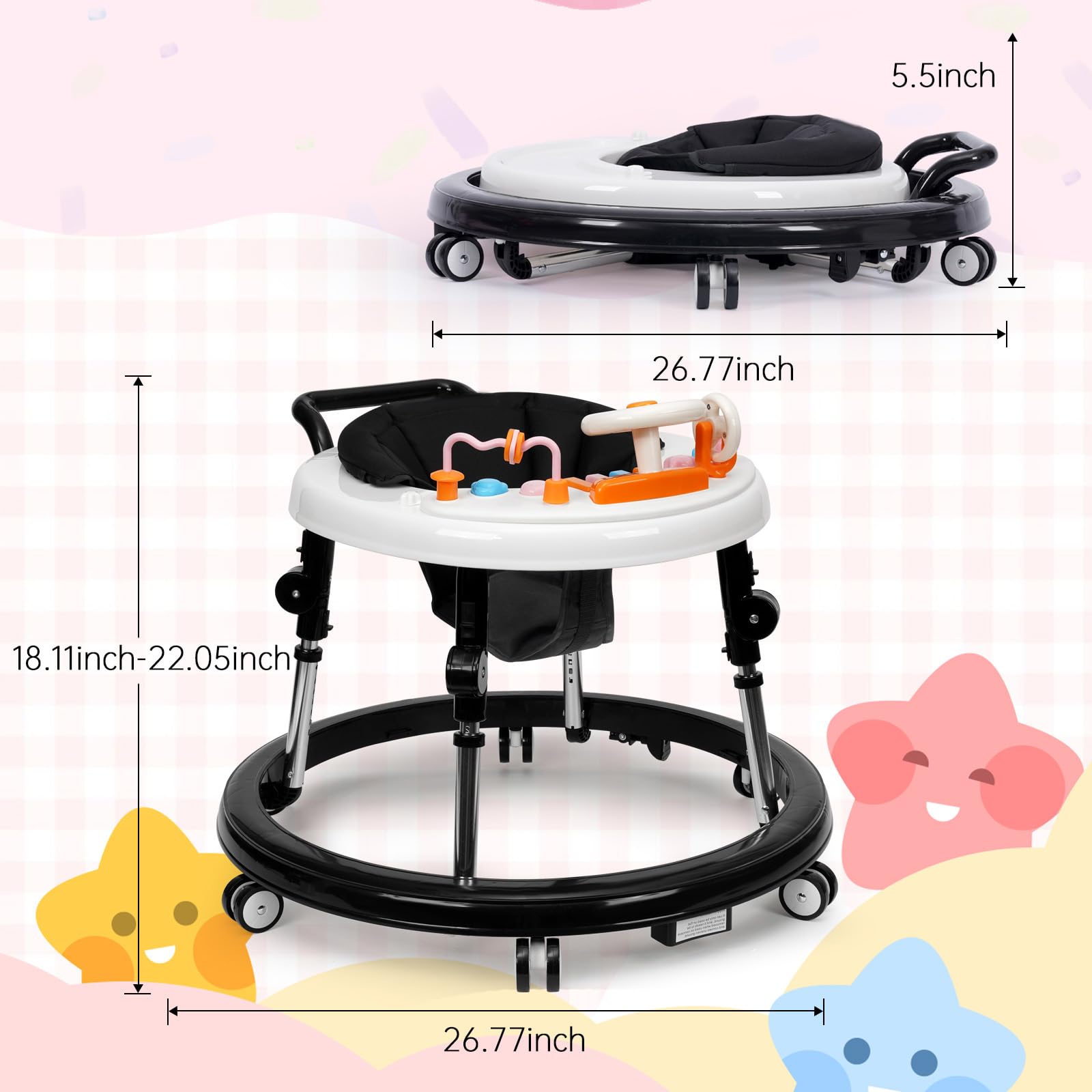 Foldable Baby Walker with Music & Lights - Adjustable 9 Height Levels, Wheels for Easy Mobility - Activity Center for Boys & Girls 7-18 Months - Perfect for Learning to Walk & Indoor Playtime