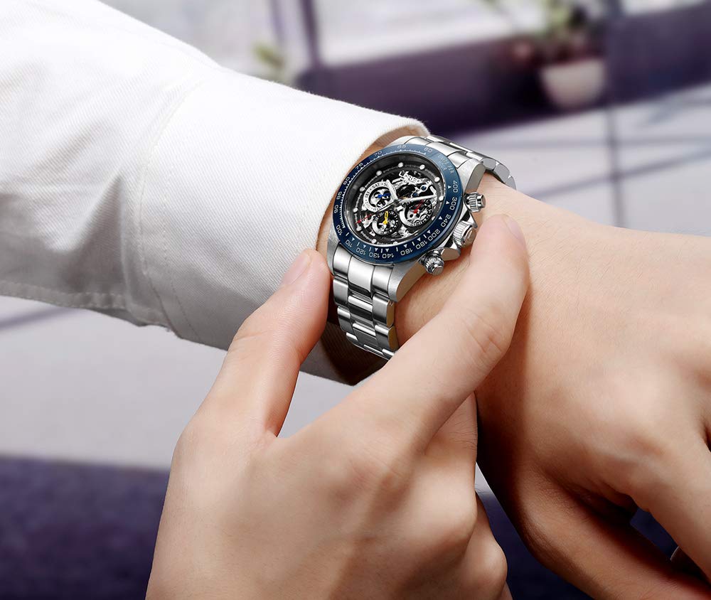 LOREO Men's Automatic Watch - Silver Stainless Steel, Sapphire Glass, Ceramic Bezel with Date - Military Diving Waterproof Watch for Outdoor Adventure & Business Casual Wear