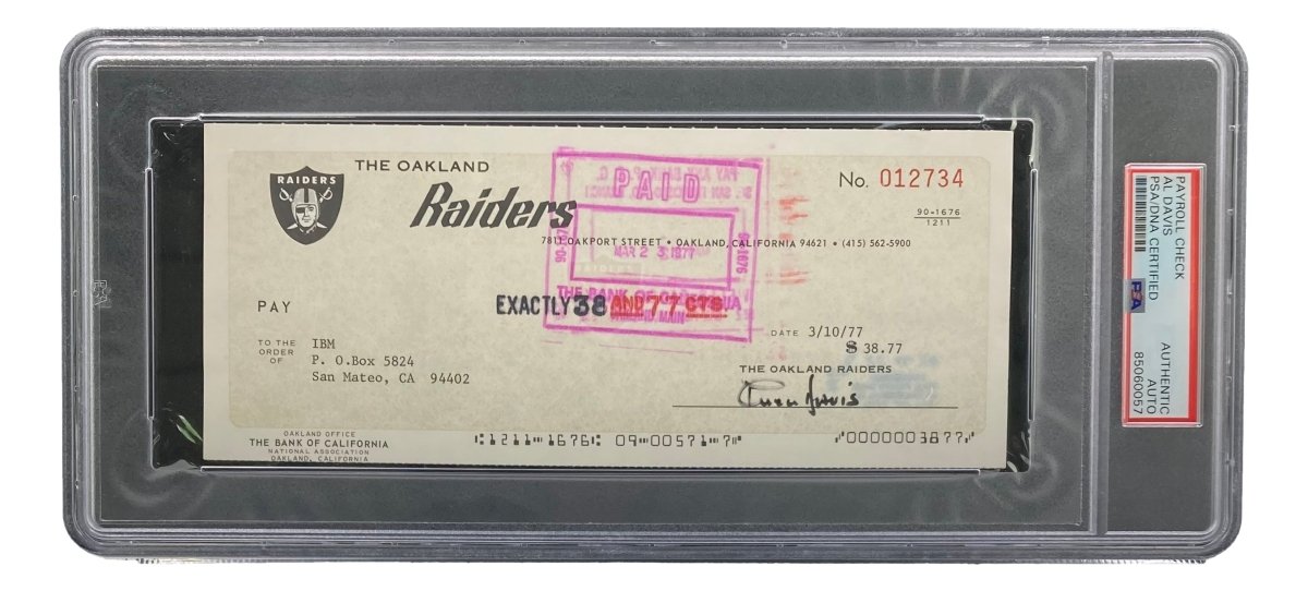 Authentic Al Davis Signed Oakland Raiders Personal Bank Check #12734 PSA/DNA Certified - Rare NFL Memorabilia for Collectors & Raiders Fans, Perfect for Sports Memorabilia Displays & Man Caves