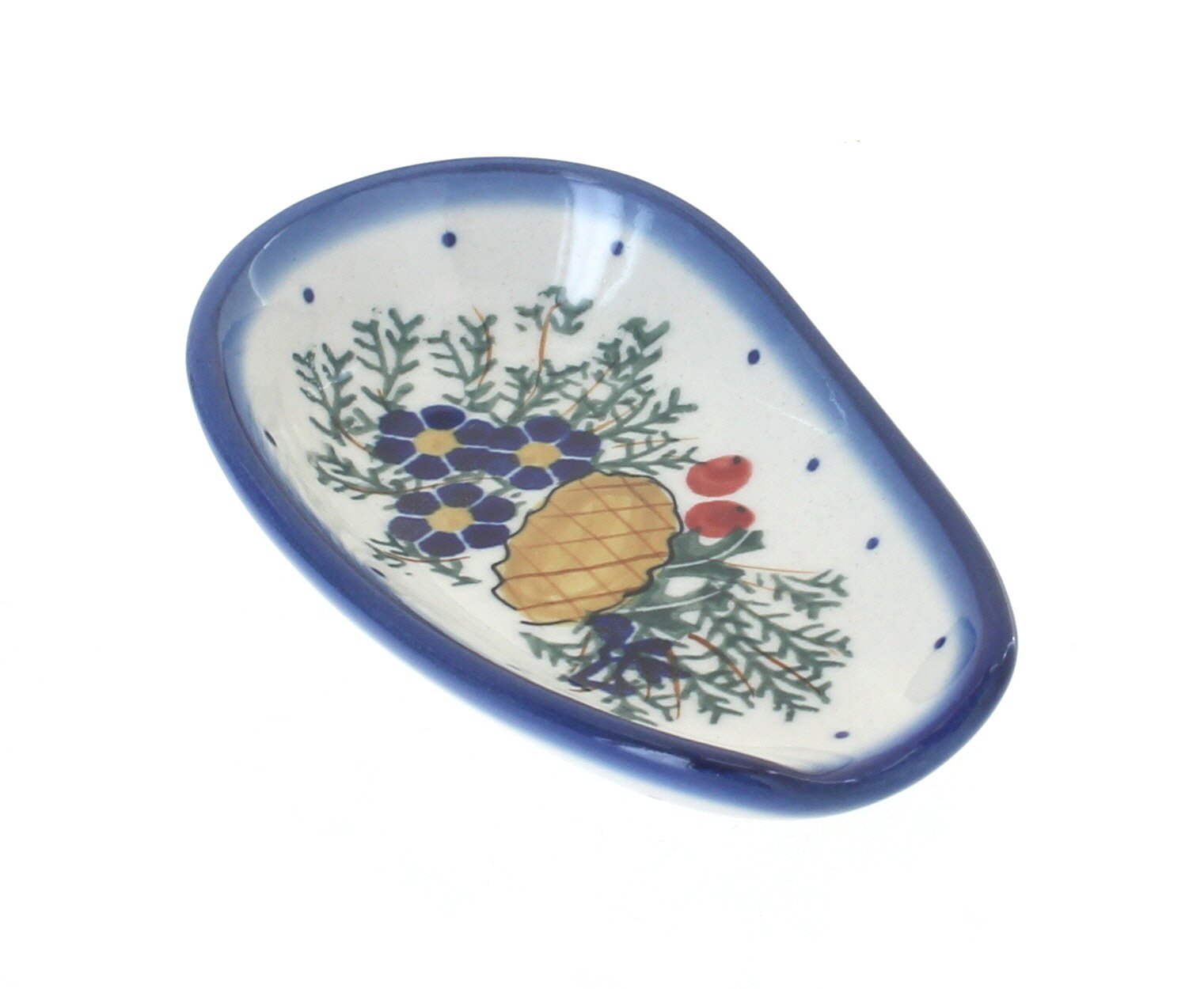 Handmade Blue Rose Polish Pottery Pinecone Spoon Rest - Small Ceramic Spoon Holder for Tea, Coffee & Dining - Perfect for Kitchen, Dining Table & Gift Giving