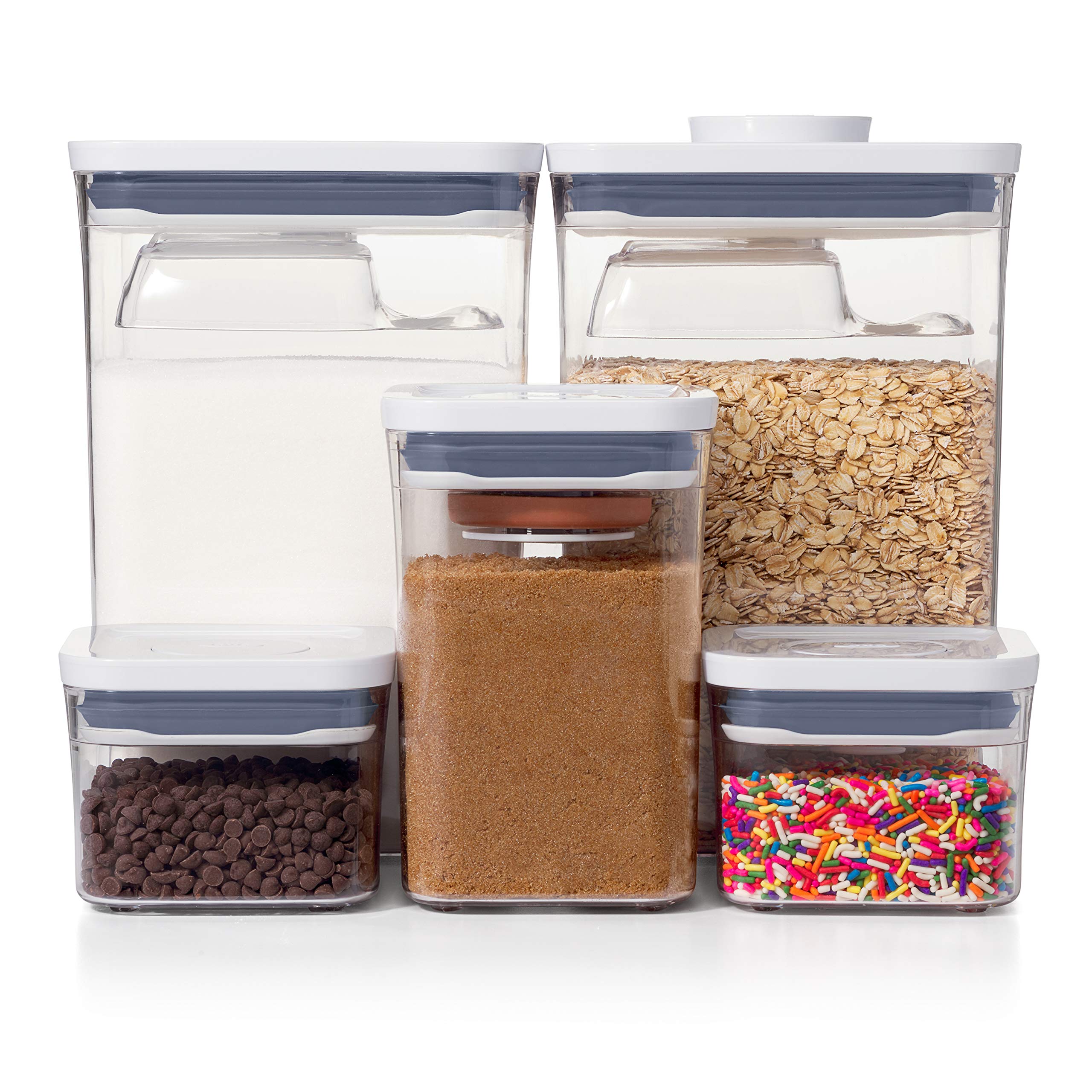 OXO Good Grips 6-Piece Airtight Canister Set with Scoops & 8-Piece Baking Essentials POP Container Set - White | Perfect for Kitchen Storage, Baking Ingredients Organization & Pantry Organization