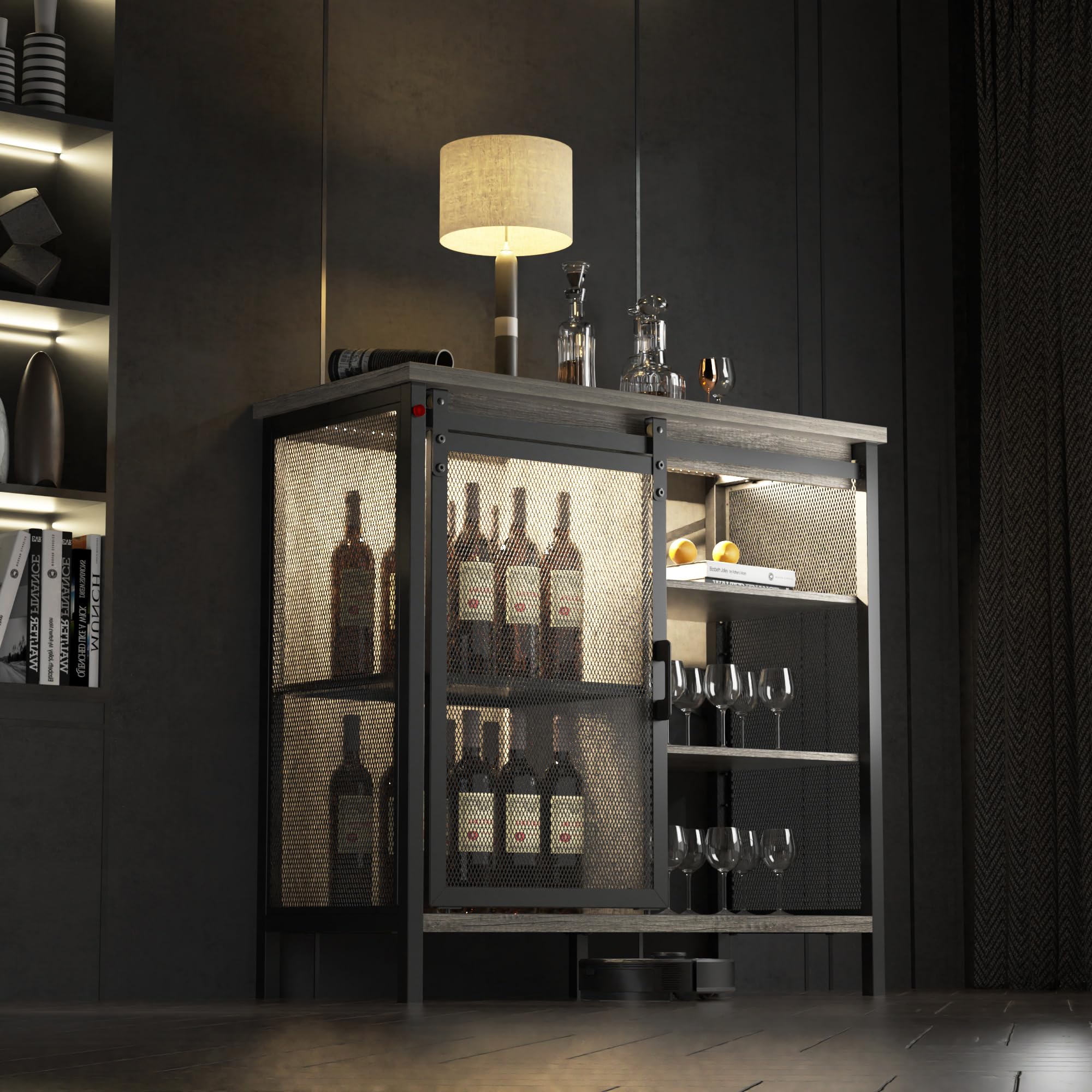 QNICE LED Rustic Wine Bar Cabinet - Farmhouse Sideboard with Sliding Barn Door, Liquor Storage & Wine Rack - Dark Oak Finish, Easy Assembly - Perfect for Dining Room, Kitchen, or Home Bar Decor