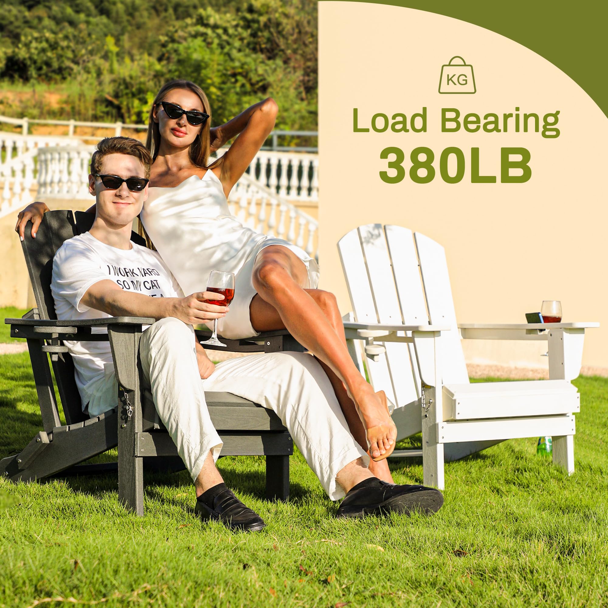 Premium SERWALL Adirondack Chair with Cup Holders - Durable HDPE Composite Outdoor Patio Furniture - All-Weather Resistant White Lounge Chair for Backyard, Poolside & Garden Relaxation