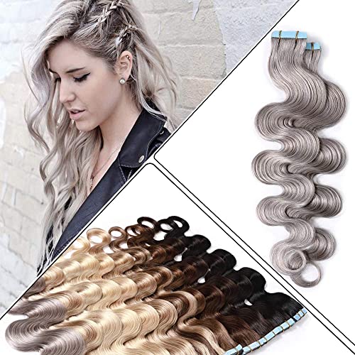Premium Benehair Remy Tape-in Hair Extensions 24 Inch 100g - 100% Real Human Hair, Seamless Skin Weft, Wavy Gray (#GREY 40pcs) for Natural Volume & Length - Perfect for Parties, Weddings & Daily Styling