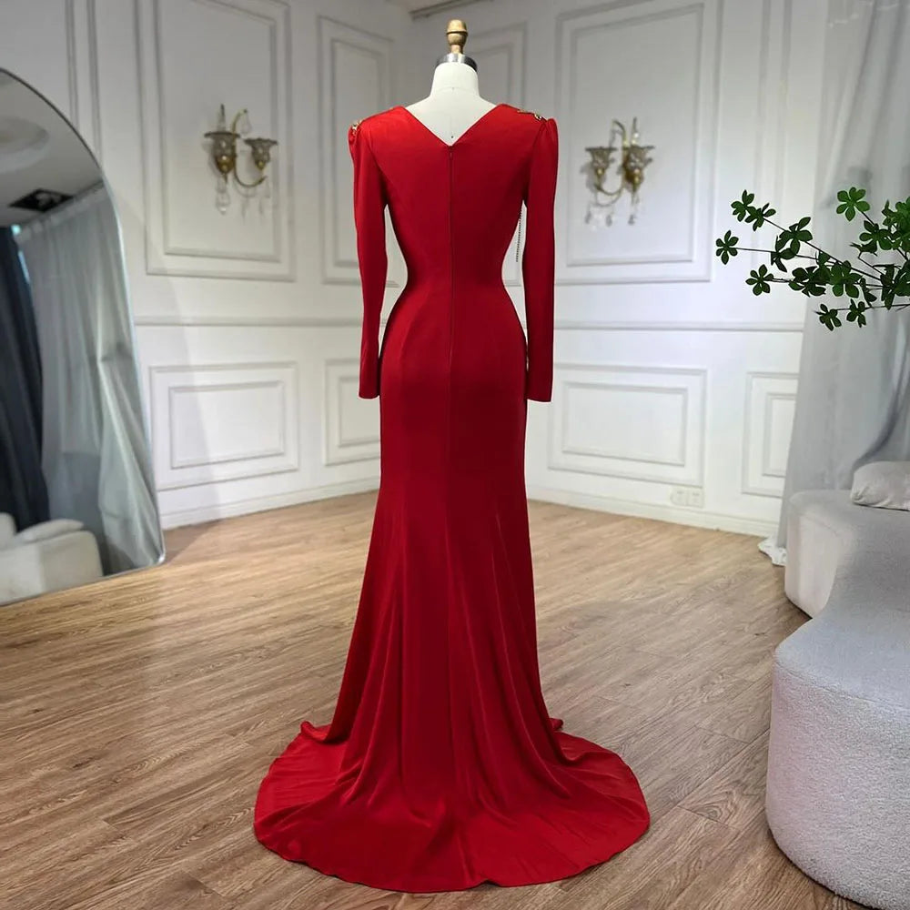 Elegant Arabic Red Mermaid Dresses for Women - Beaded Luxury Evening Gown with Tassel Details | Dubai Style Wedding Party Dress LA72558 | Perfect for Formal Events, Red Carpet & Special Occasions