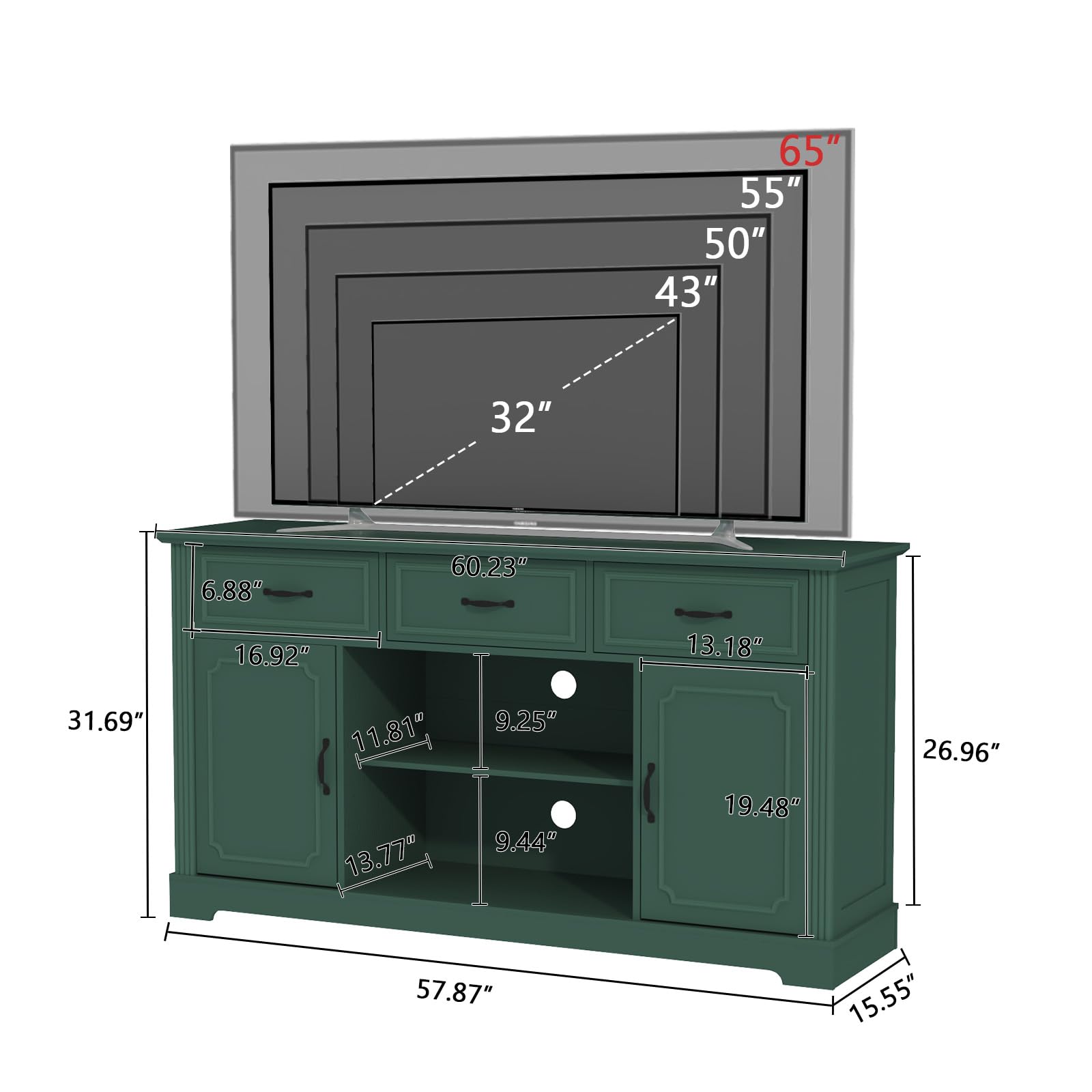 ARTPOWER Mid Century Modern TV Stand for 65 Inch TVs - Wooden Entertainment Center with 3 Drawers & Adjustable Shelves, Storage Cabinet for Living Room (Green) - Perfect for Home Theater Setup & Living Room Organization