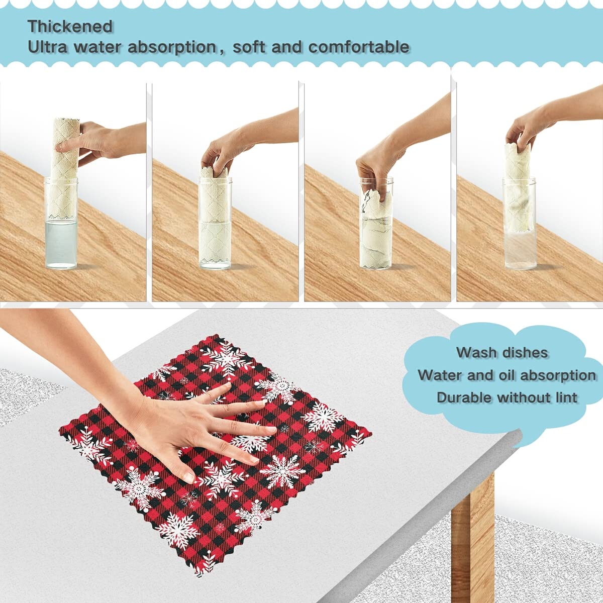 DOMIKING Snowflakes Buffalo Plaid Kitchen Towels - Set of 6 Absorbent Reusable Dish Cloths, Hand Towels for Kitchen Counter, Dish Drying, and Christmas Decor