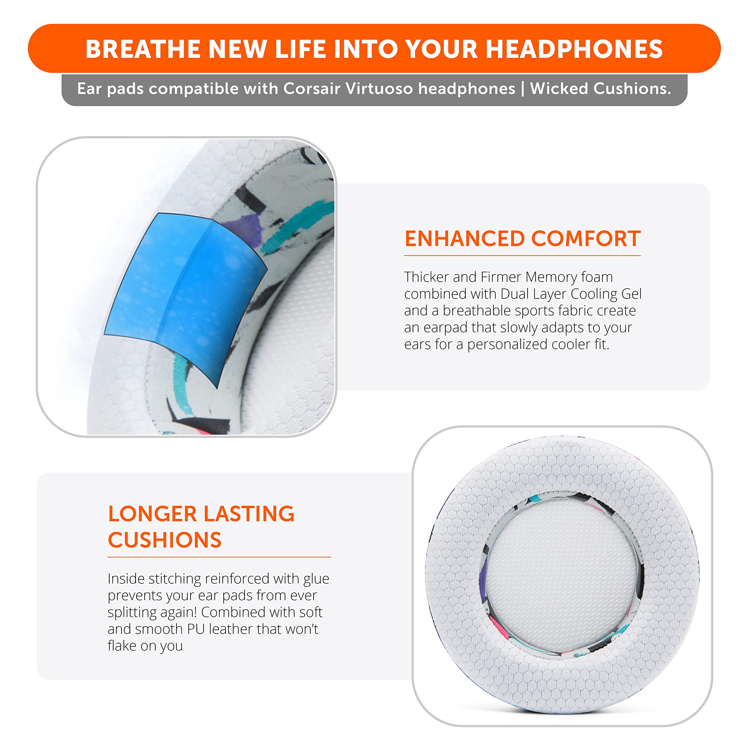 Premium Cooling Gel Earpads for Corsair Virtuoso Gaming Headset - Hybrid Fabric Replacement Cushions with Enhanced Durability, Noise Isolation & Comfort (White) - Perfect for Long Gaming Sessions, Streaming & Office Work
