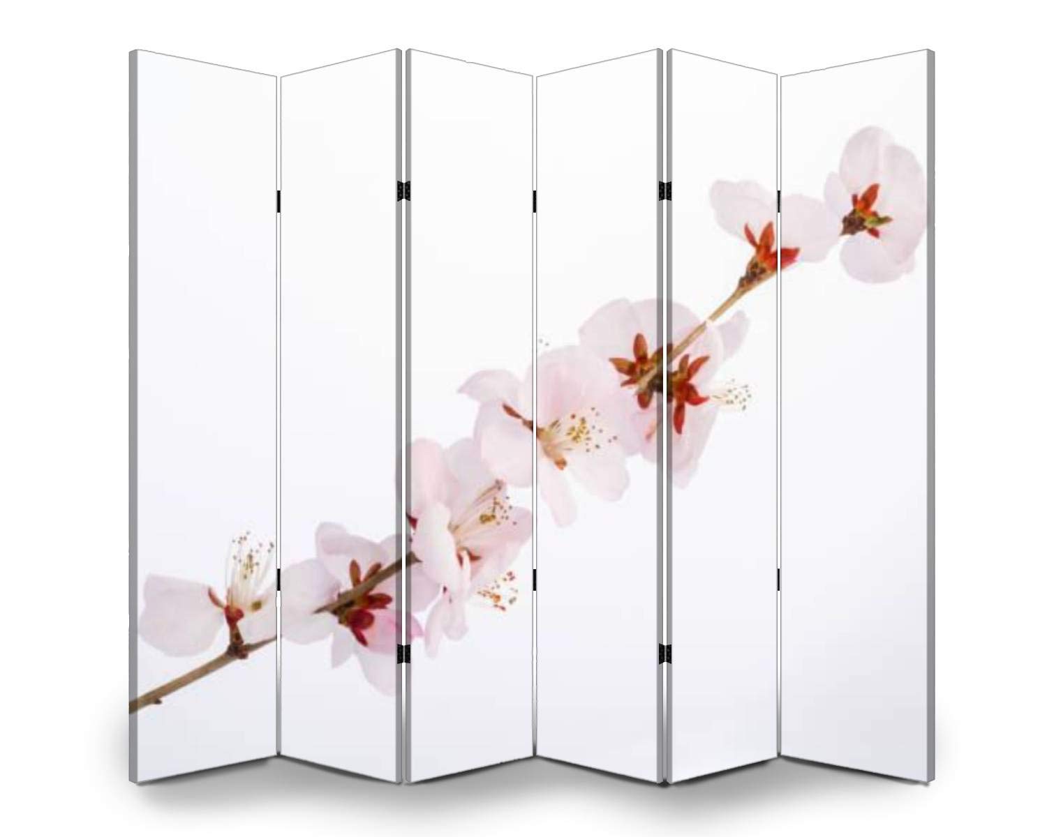 6-Panel Wooden Room Divider with Peach Blossom Flowers - Dual-Sided Folding Privacy Screen for Home & Office - Indoor Partition Wall Decor for Studio, Bedroom, and Living Room Spaces
