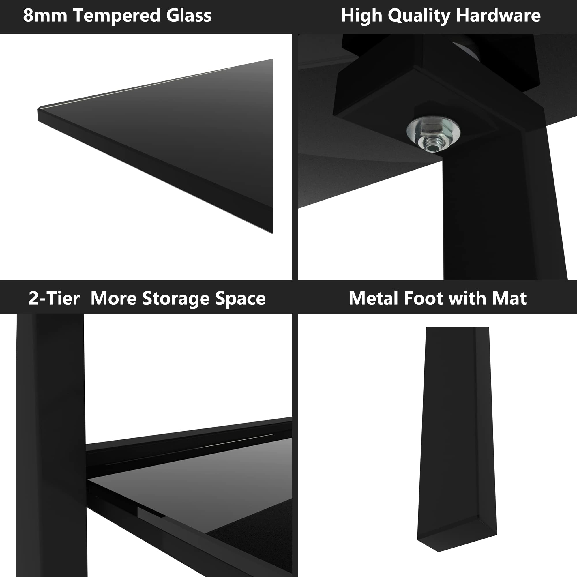 Modern Black Tempered Glass Coffee Table and End Tables Set - 3-Piece Square 2-Tier Living Room Furniture for Home Office | Perfect for Small Spaces, Apartments & Contemporary Decor