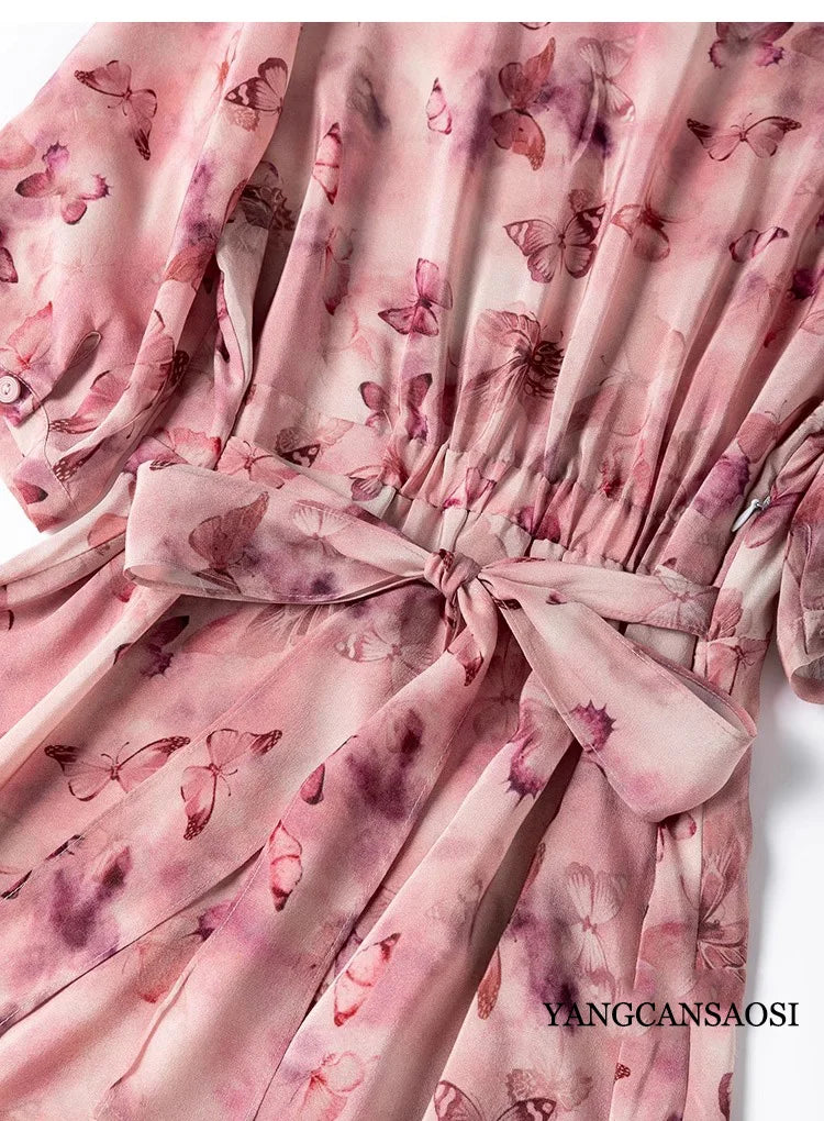 French Artistic Pink Purple Butterfly Print 1.2m Extended Hem 100% Mulberry Silk Women's Dress - Elegant Evening Gown for Weddings, Parties & Special Occasions