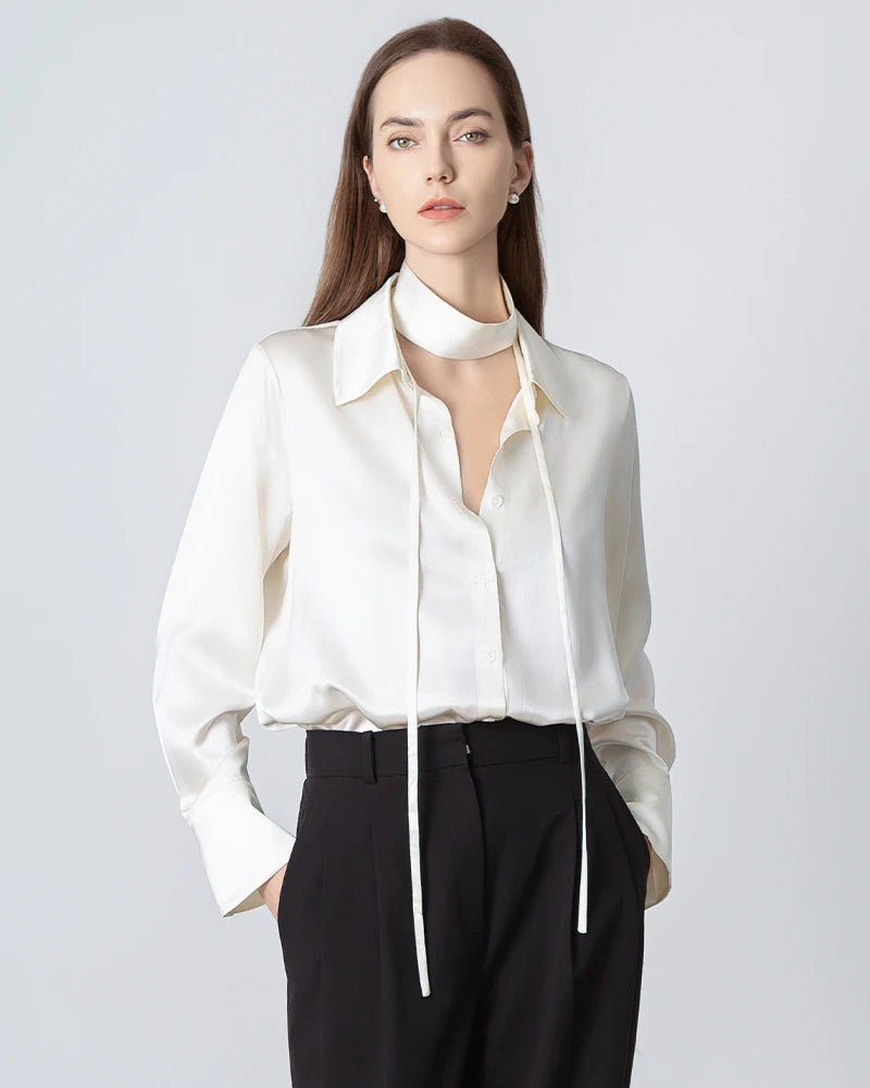 Women's Loose Tie Neck Silk Blouse - Elegant Casual & Office Wear for Women - Perfect for Work, Date Night & Special Occasions
