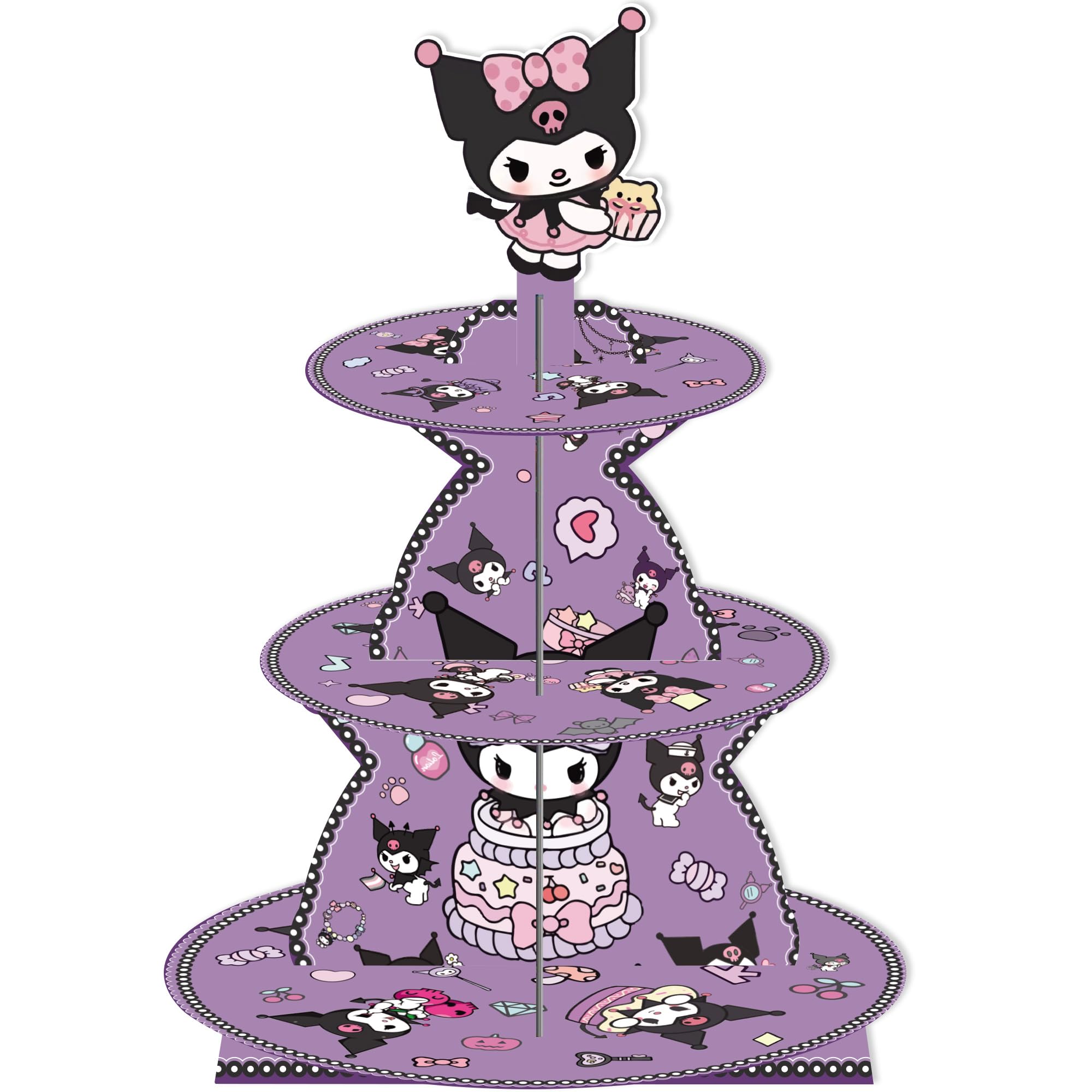 Kawaii Cartoon Birthday Decorations - 3 Tier Purple Cupcake Stand for Kids Party Supplies | Dessert Display Stand for Birthday, Baby Shower & Wedding | Cute Paper Cupcake Holder for Party Decor