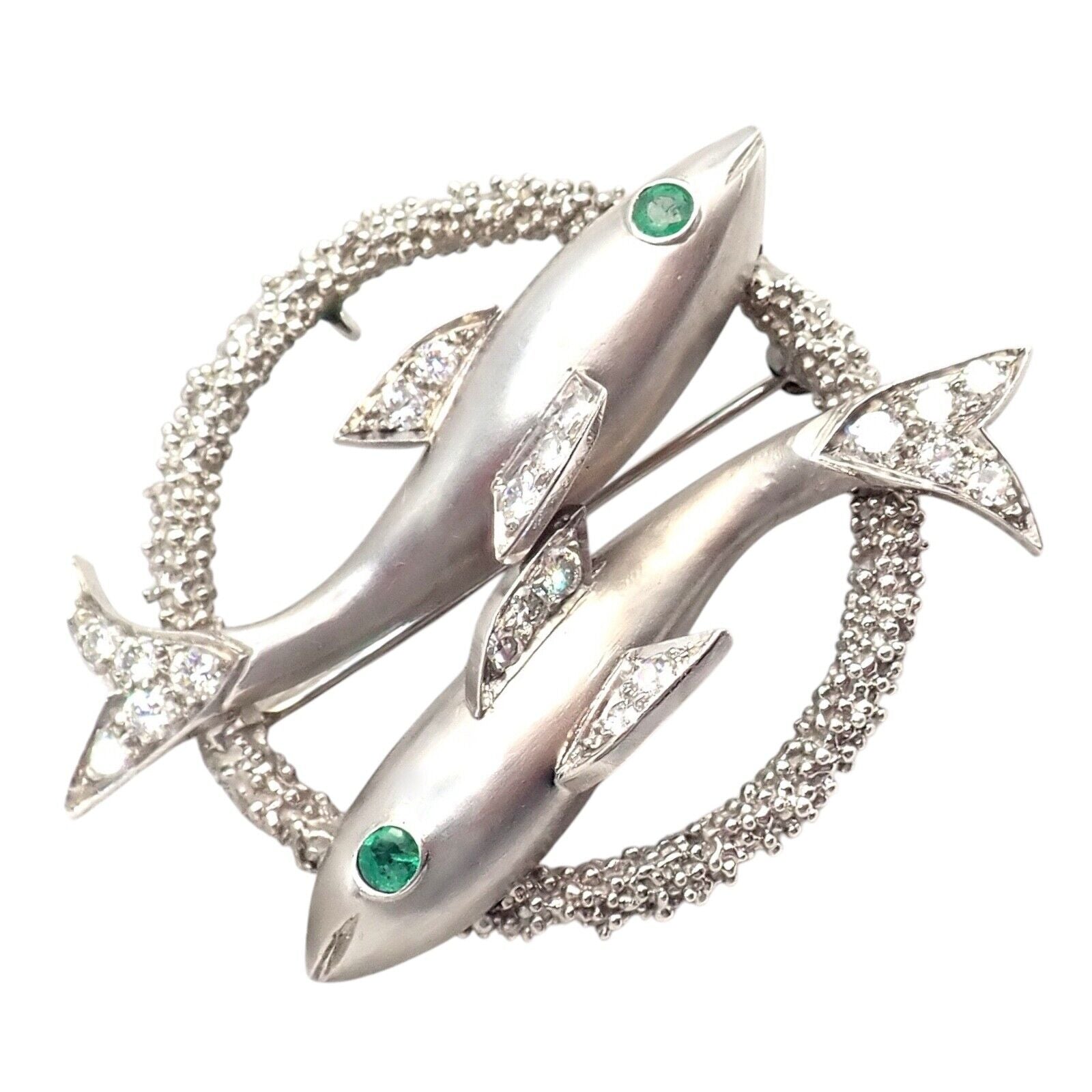 Cartier 18k White Gold & Platinum Diamond Emerald Zodiac Pisces Fish Brooch Pin - Luxury Jewelry Gift for Women, Perfect for Special Occasions & Collectors