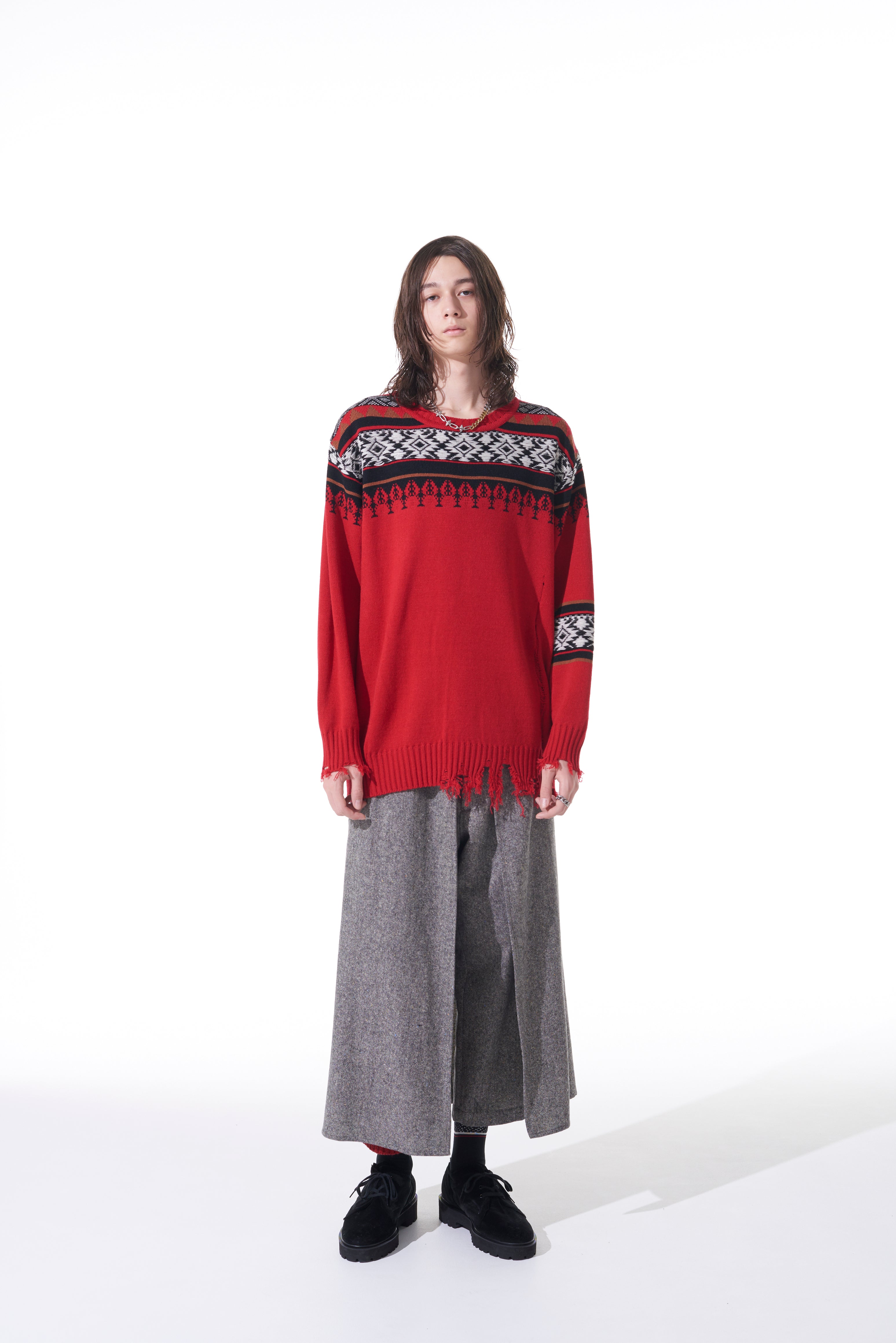 Bulky Wool Nordic Pattern Damaged Round Neck Knit Sweater - Cozy Winter Pullover for Women, Perfect for Casual Outfits & Holiday Gatherings