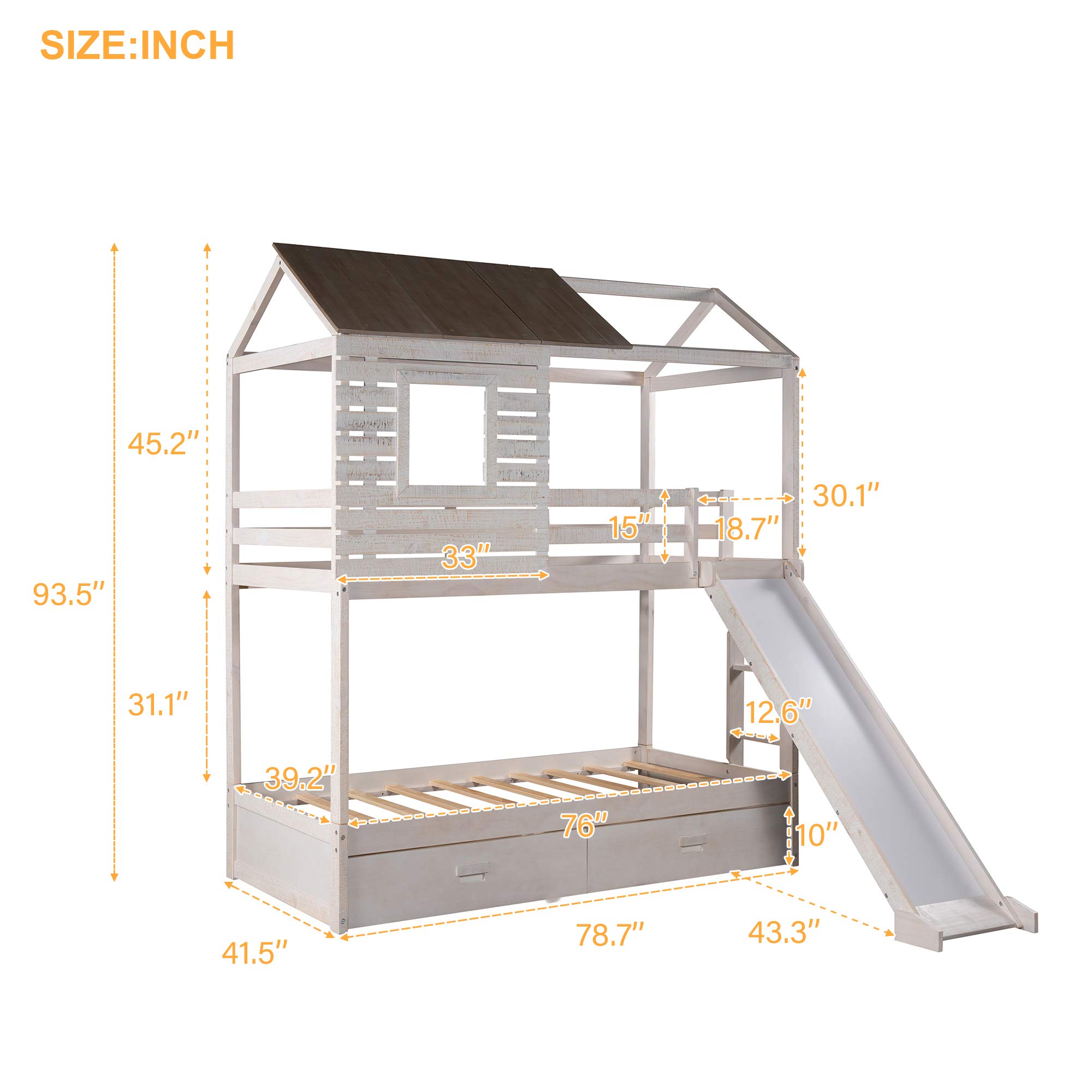 Twin Over Twin Bunk Bed with Roof, Window & Slide for Kids & Teens - Low Toddler Wooden Bunk Bed with 2 Storage Drawers, No Box Spring Needed - Perfect for Small Bedrooms, Playrooms & Sleepovers